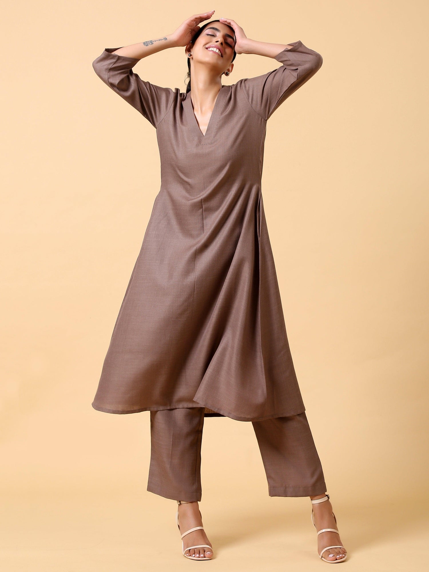 Cotton Linen Burnt Brown Kurta Pant Set - trueBrowns