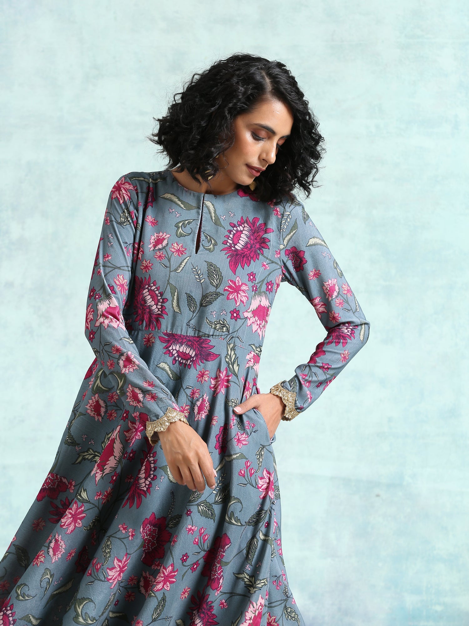 Grey Printed Velvet Anarkali Kurta