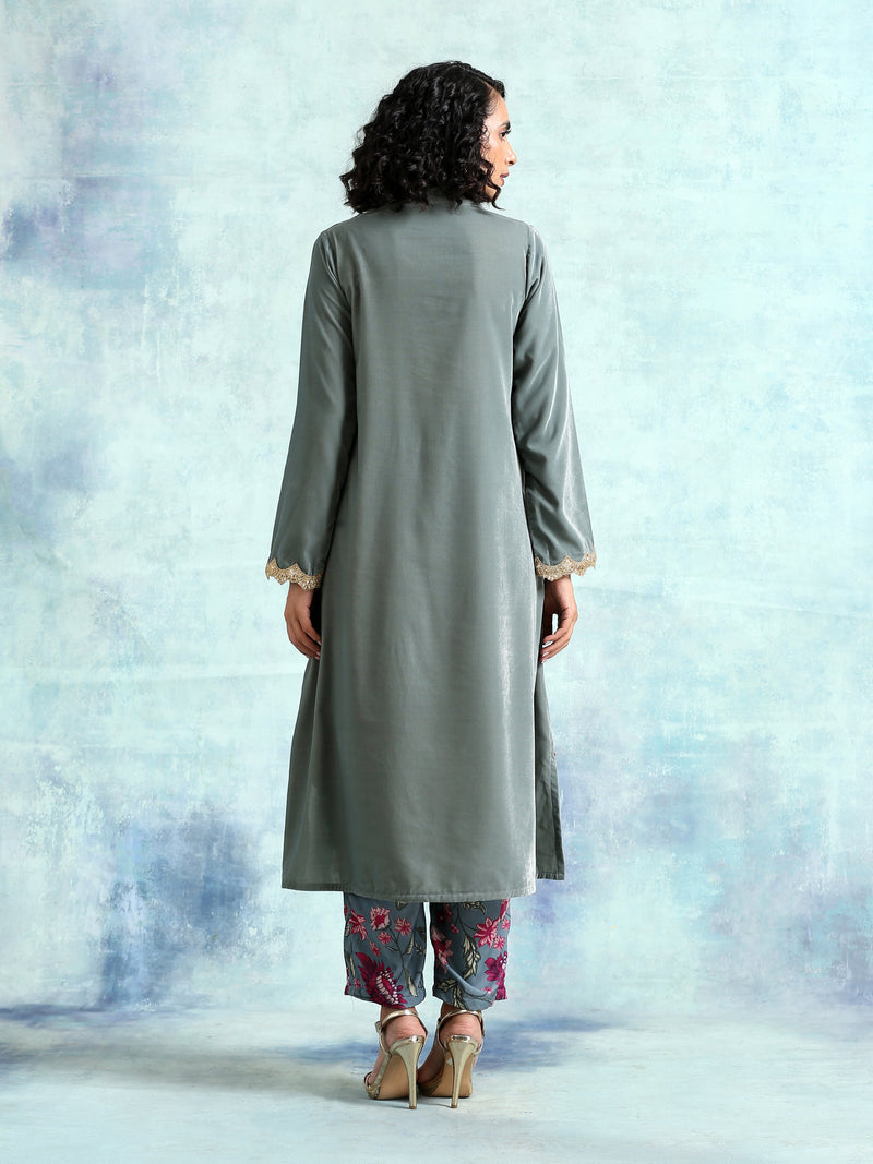 Grey Velvet Lace Kurta Pant Set