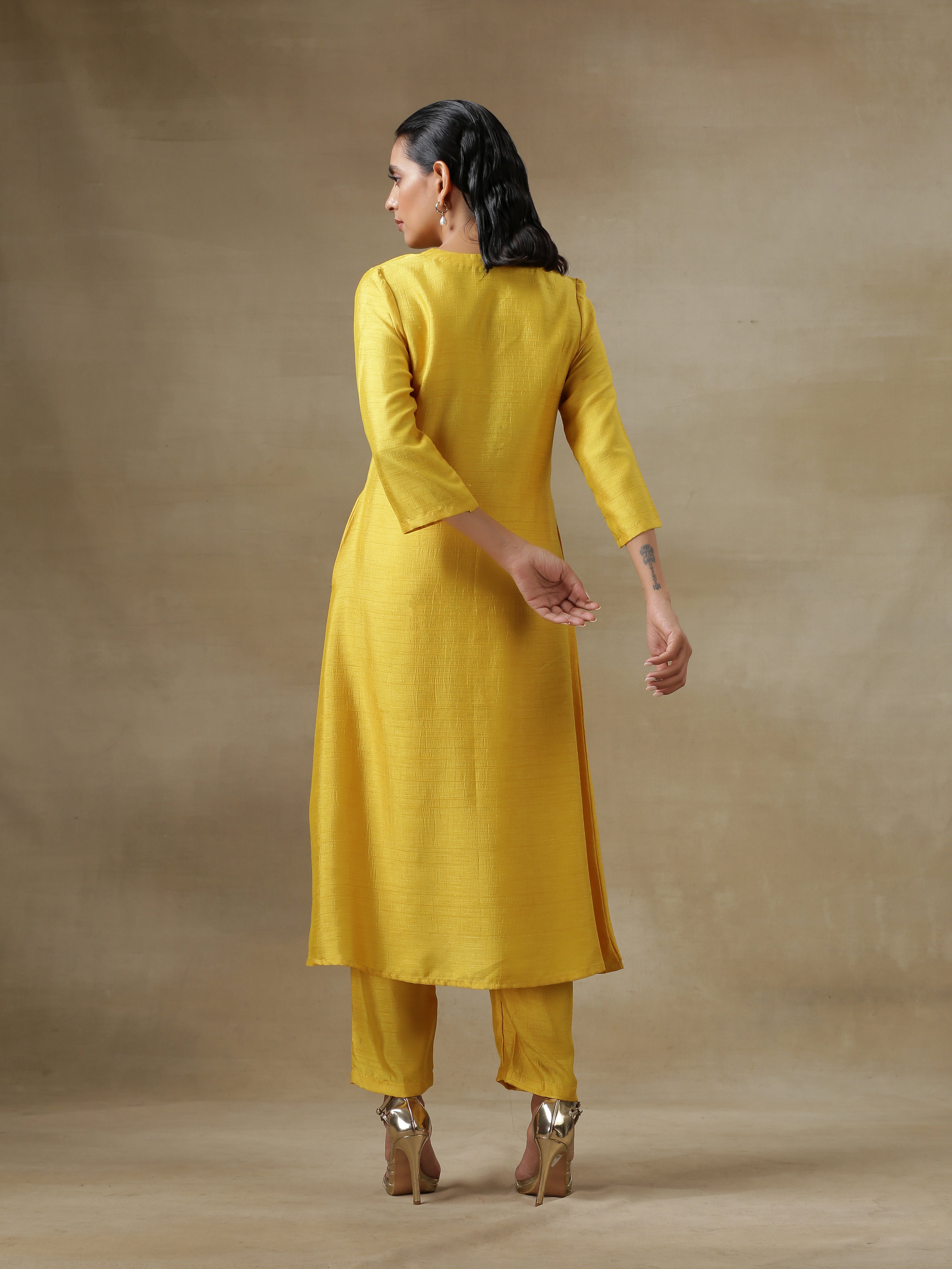 Yellow Textured Silk Overlap Pleat Kurta Pant Set