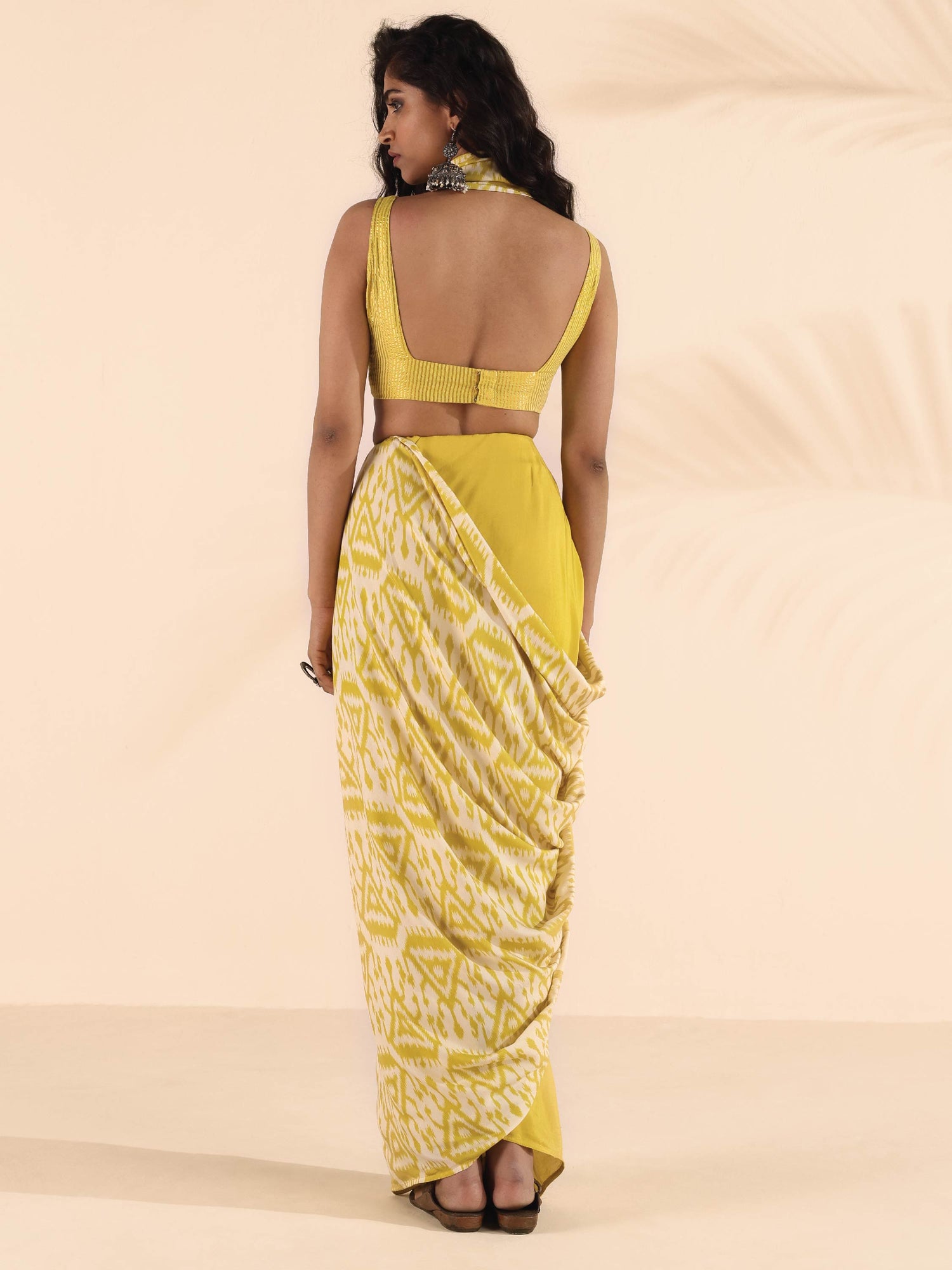 trueBrowns Lime Muslin Ikat Saree