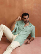 trueBrowns Men's Green Cotton Dobby Front Open Short Kurta