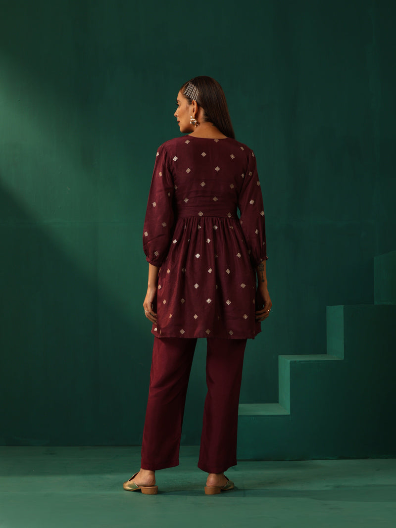 trueBrowns Wine Diamond Viscose Silk Overlap Co-ord Set