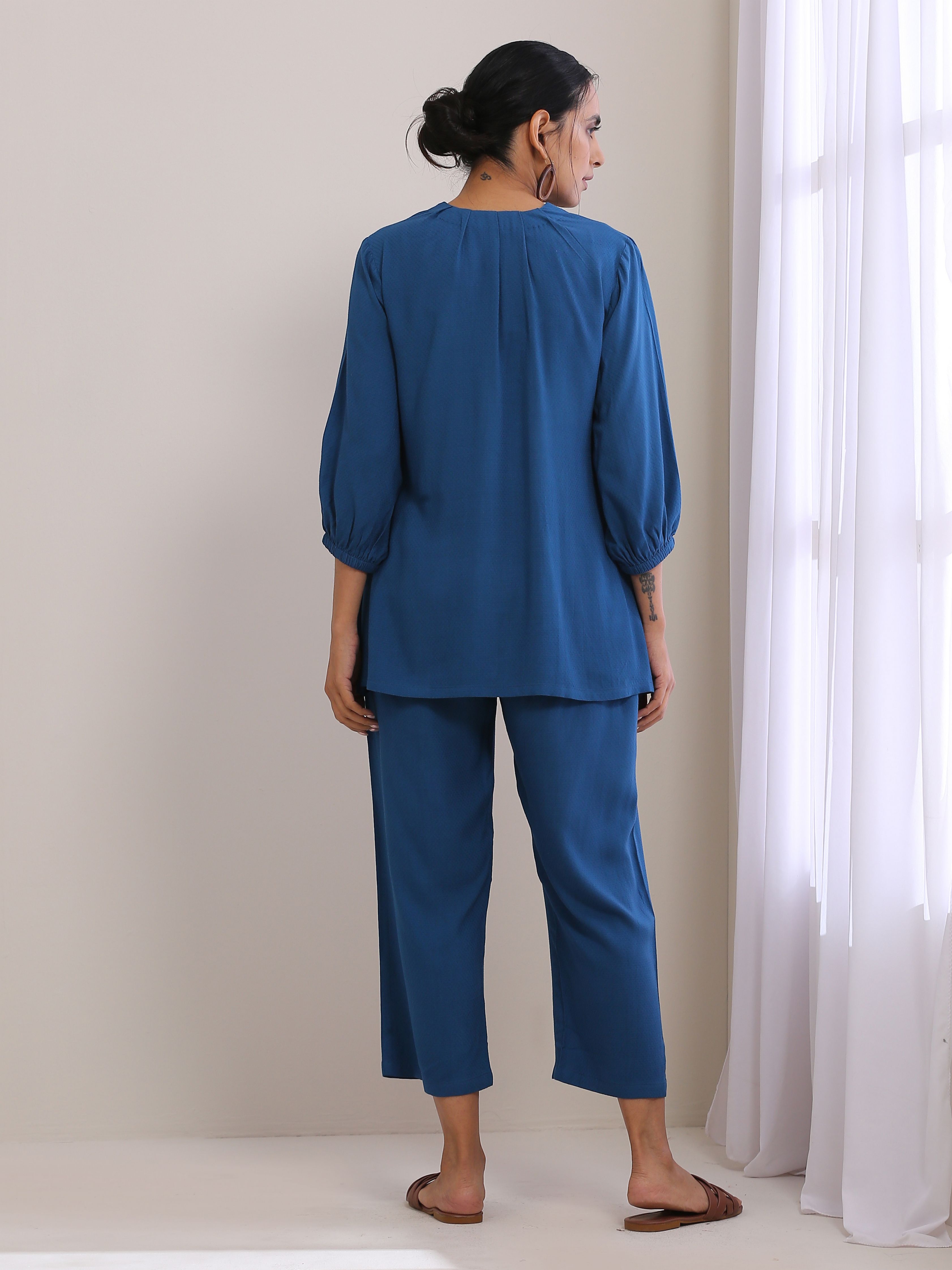 Classic Blue Dobby Pleated Co-Ord Set