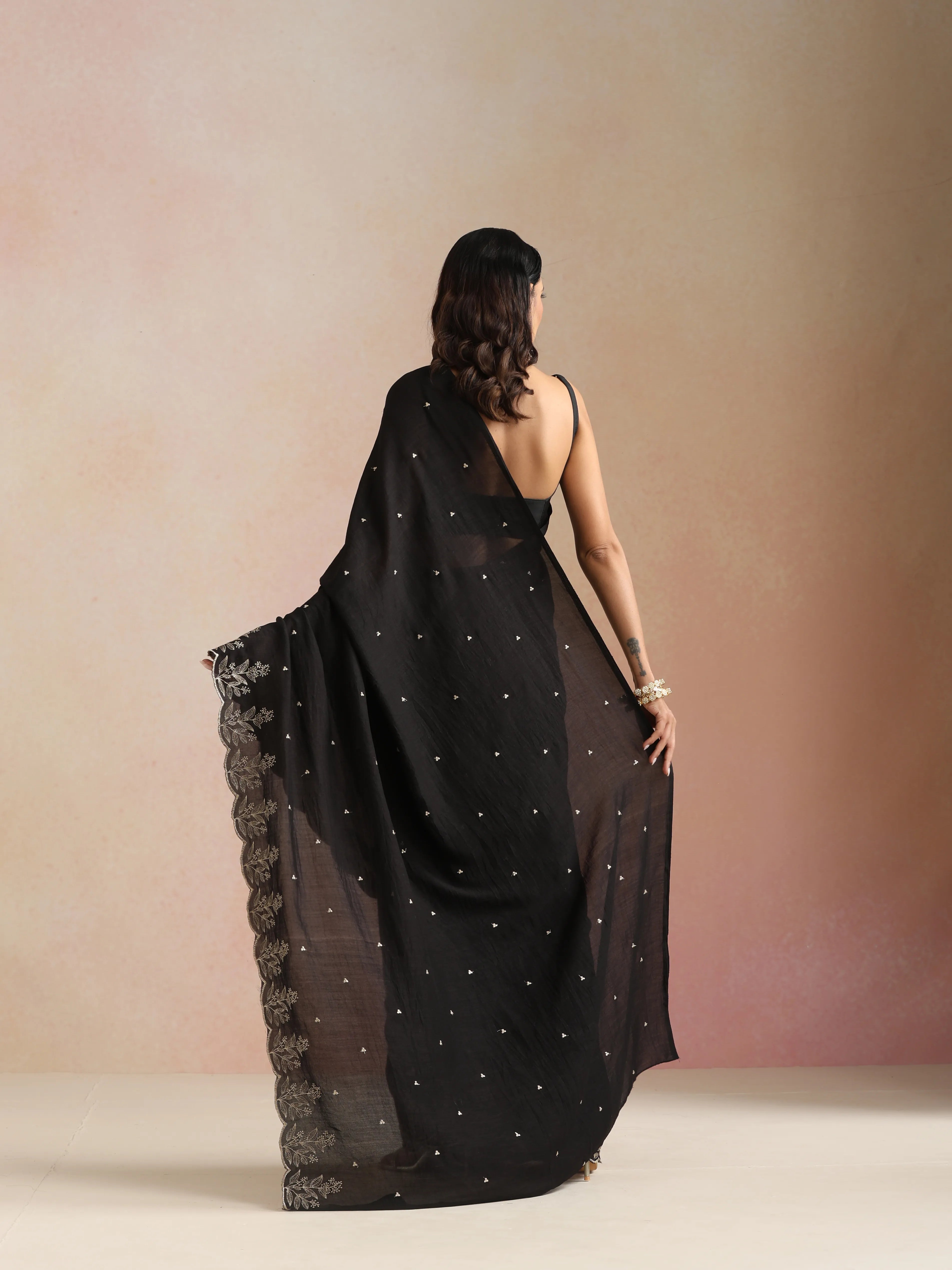 trueBrowns Black All Over Zari Embroidered Saree With Unstitched Blouse
