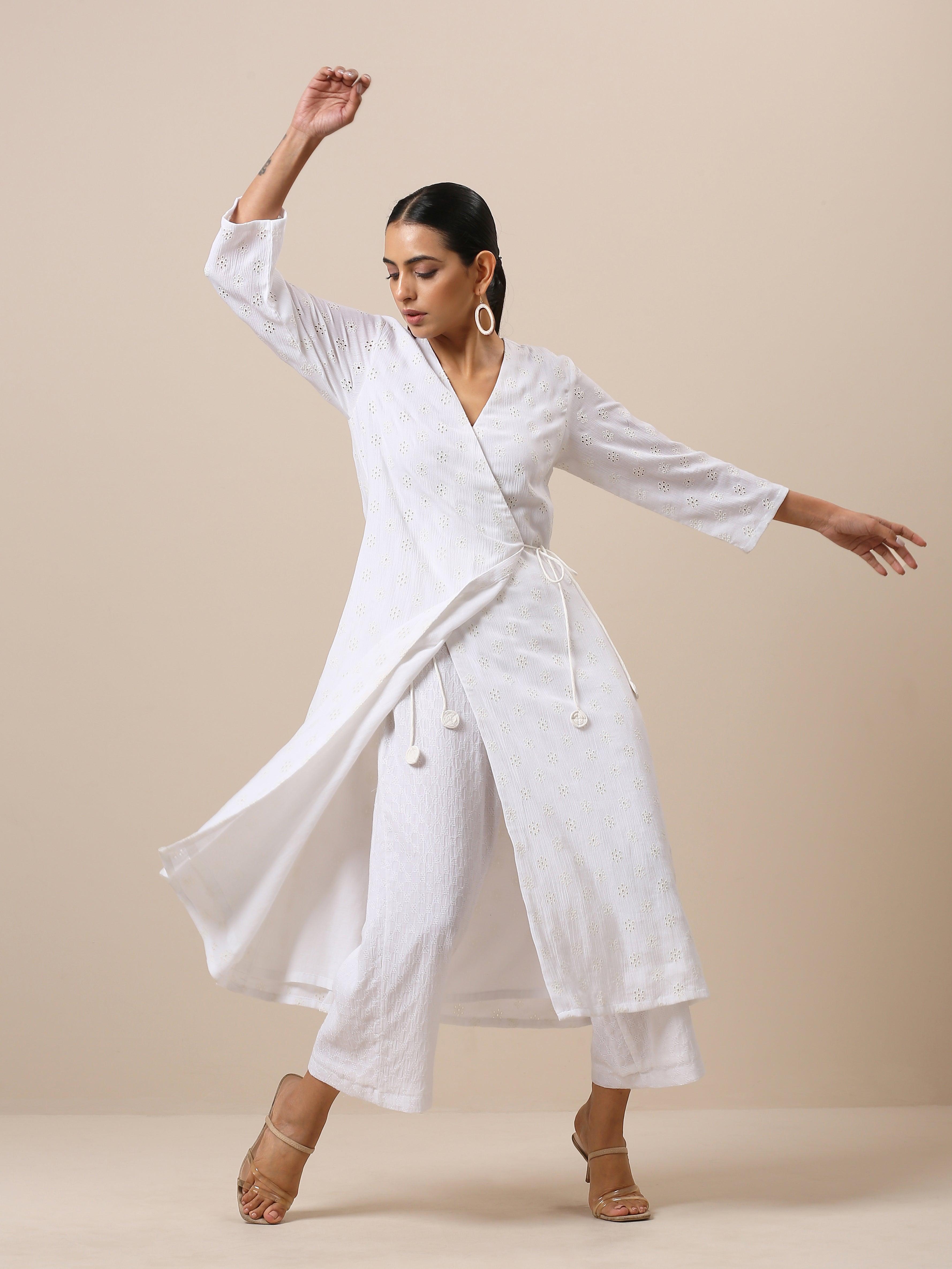 Cotton White Schiffli Angrakha Pant Set - trueBrowns