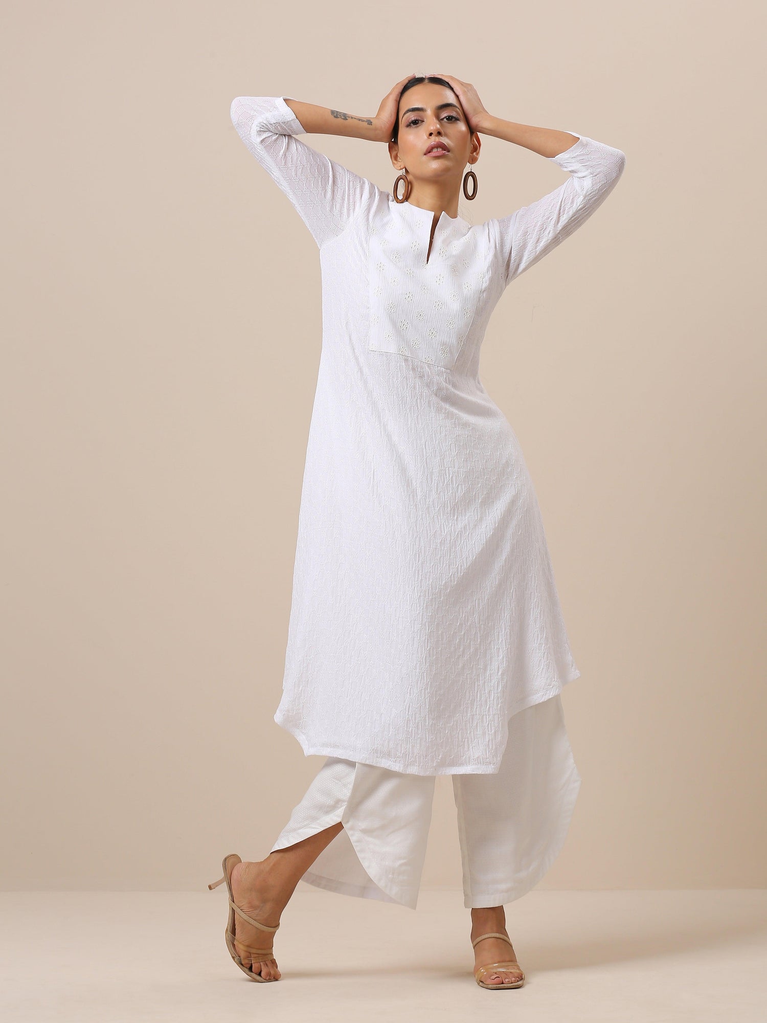 Cotton White Weave Yoke Kurta Pant Set - trueBrowns