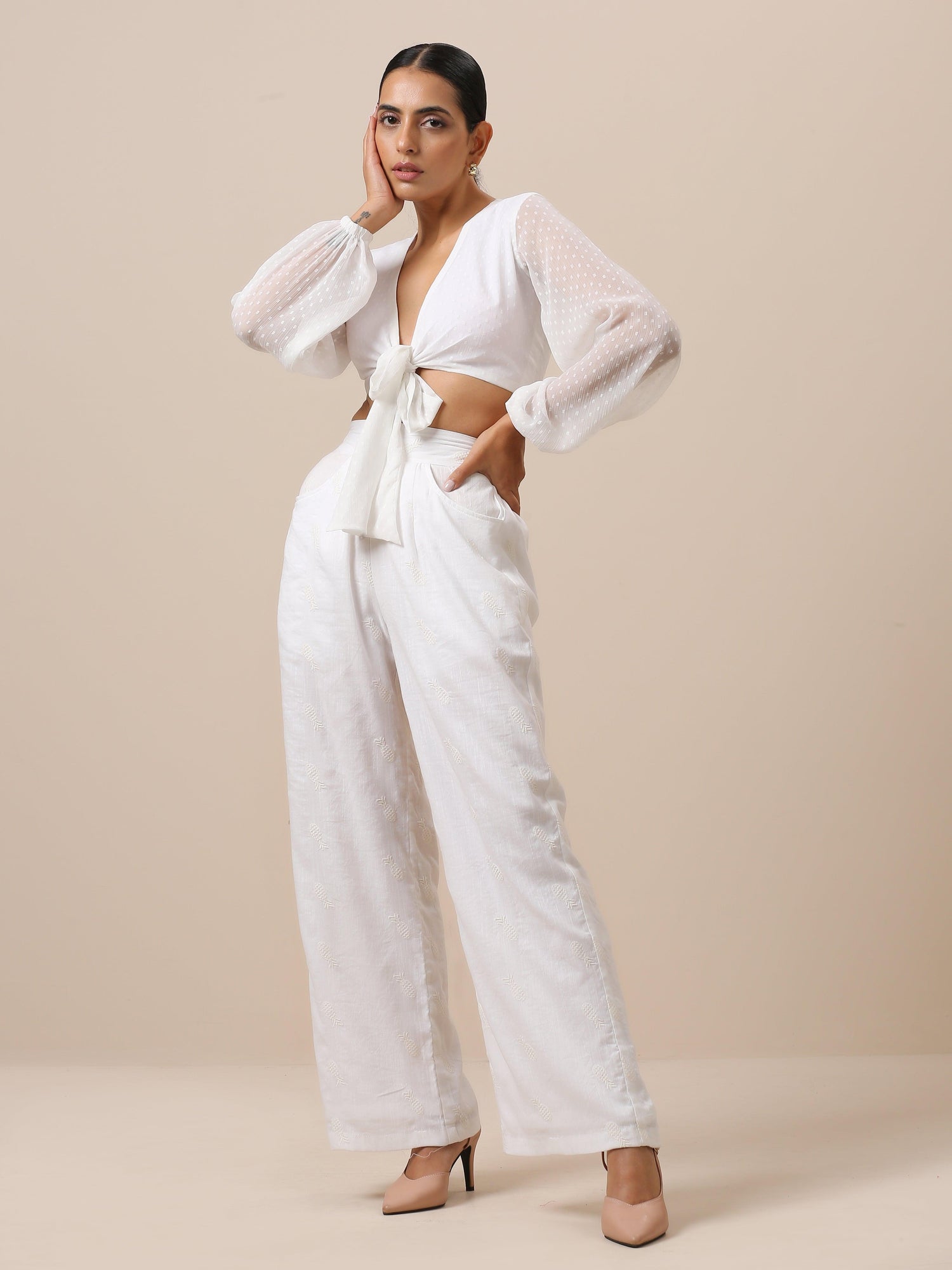 Chiffon White Dobby Tie Up Top - trueBrowns