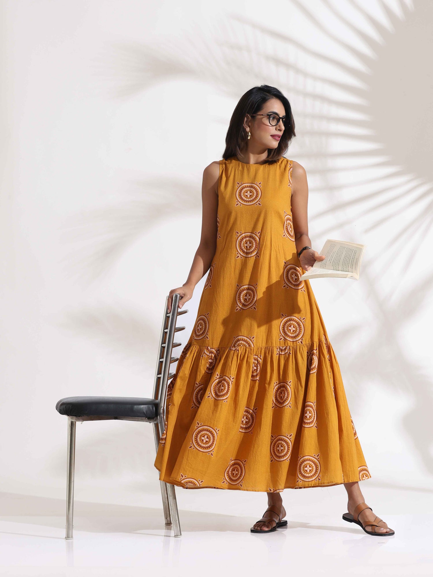 trueBrowns Mustard Cotton Print Tier Dress