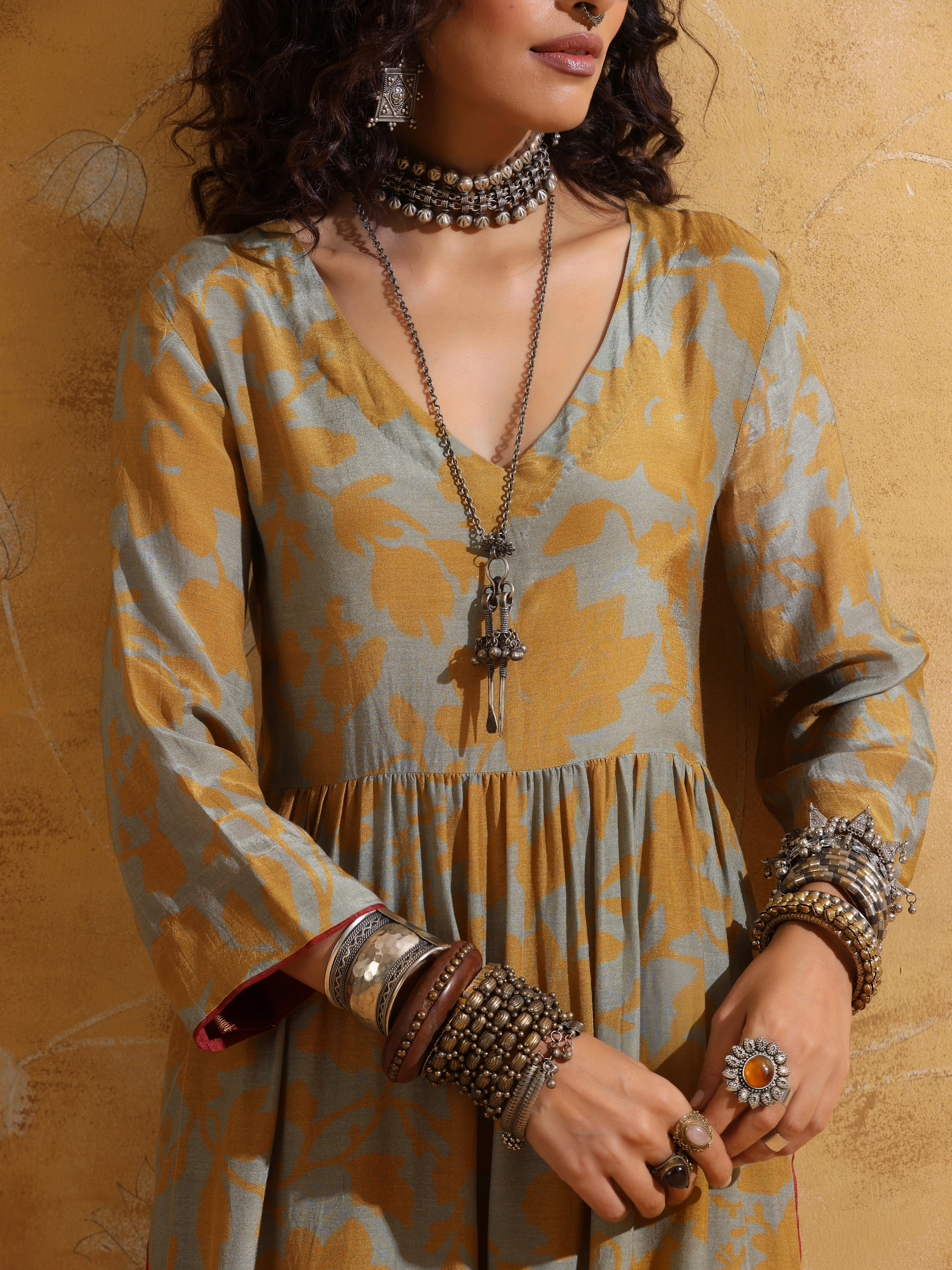 trueBrowns Mustard Jaal Print Muslin Silk High-Slit Fit and Flared Kurta Set