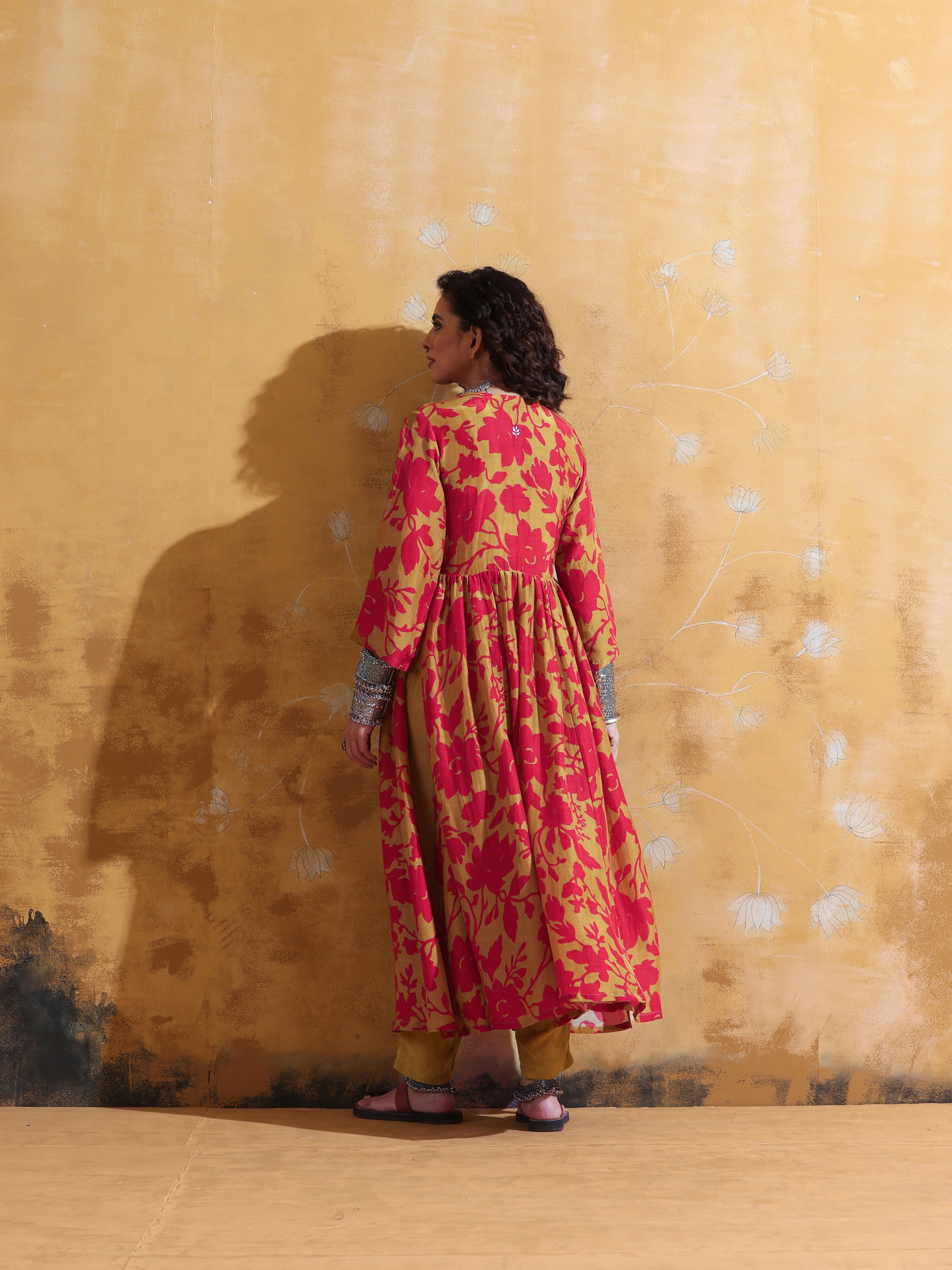 trueBrowns Red Mustard Jaal Print Muslin Silk Anarkali Kurta Set