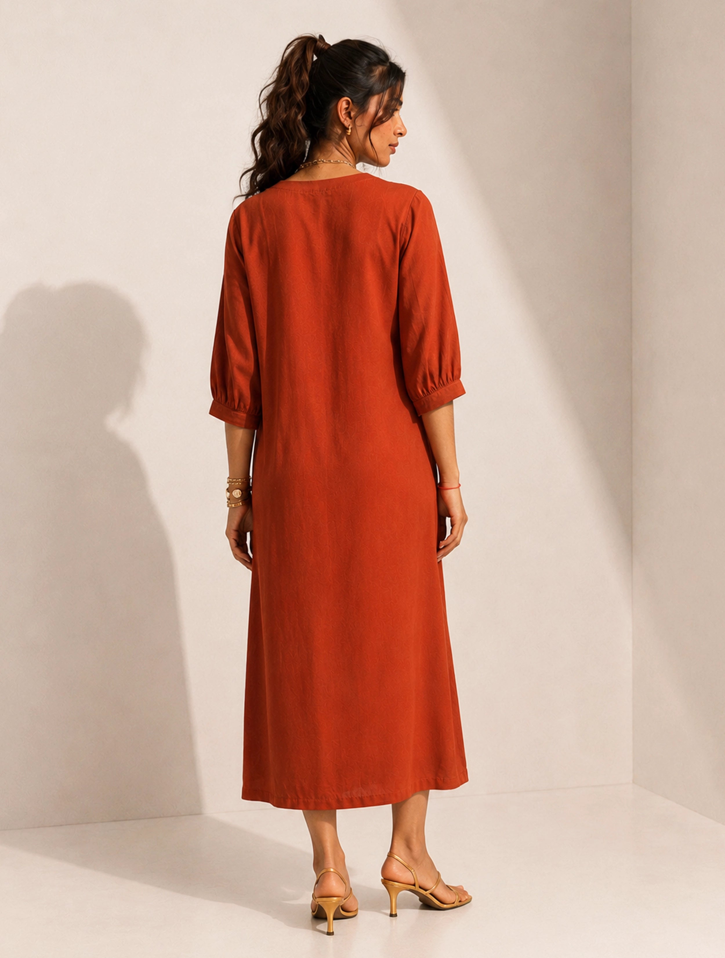 trueBrowns Rust Solid Viscose Long Dress