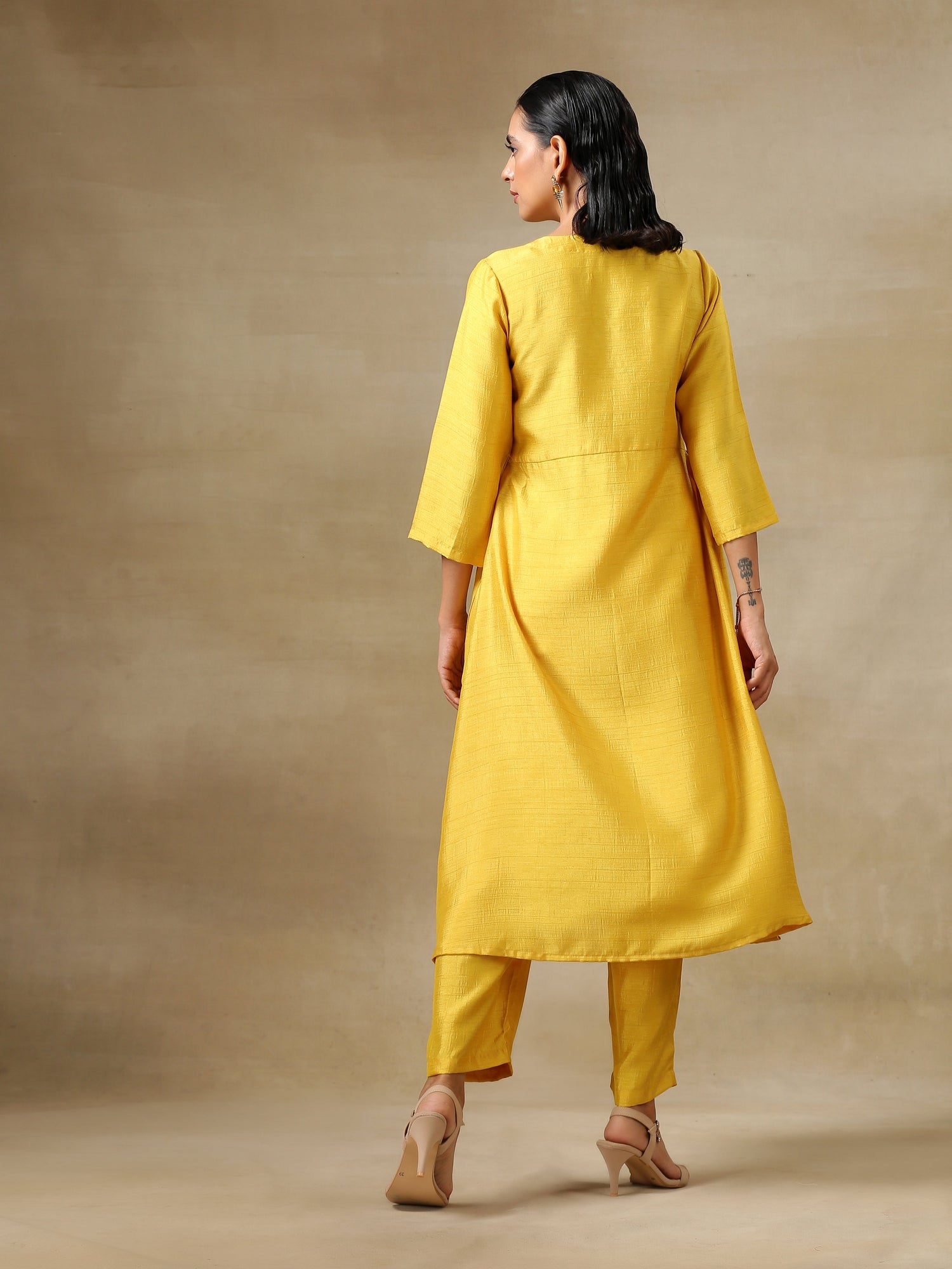 Yellow Textured Silk High Slit Gathered Kurta Set