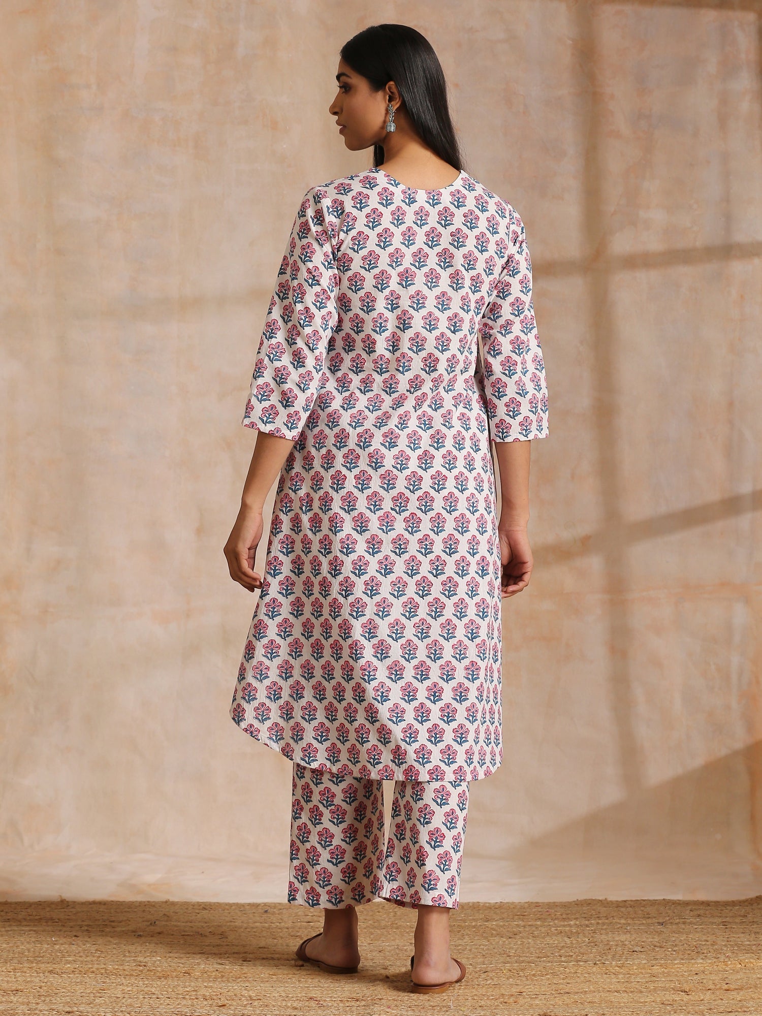 White With Pink Blue Floral Block Print Cotton Flared Slit Kurta Pant Set