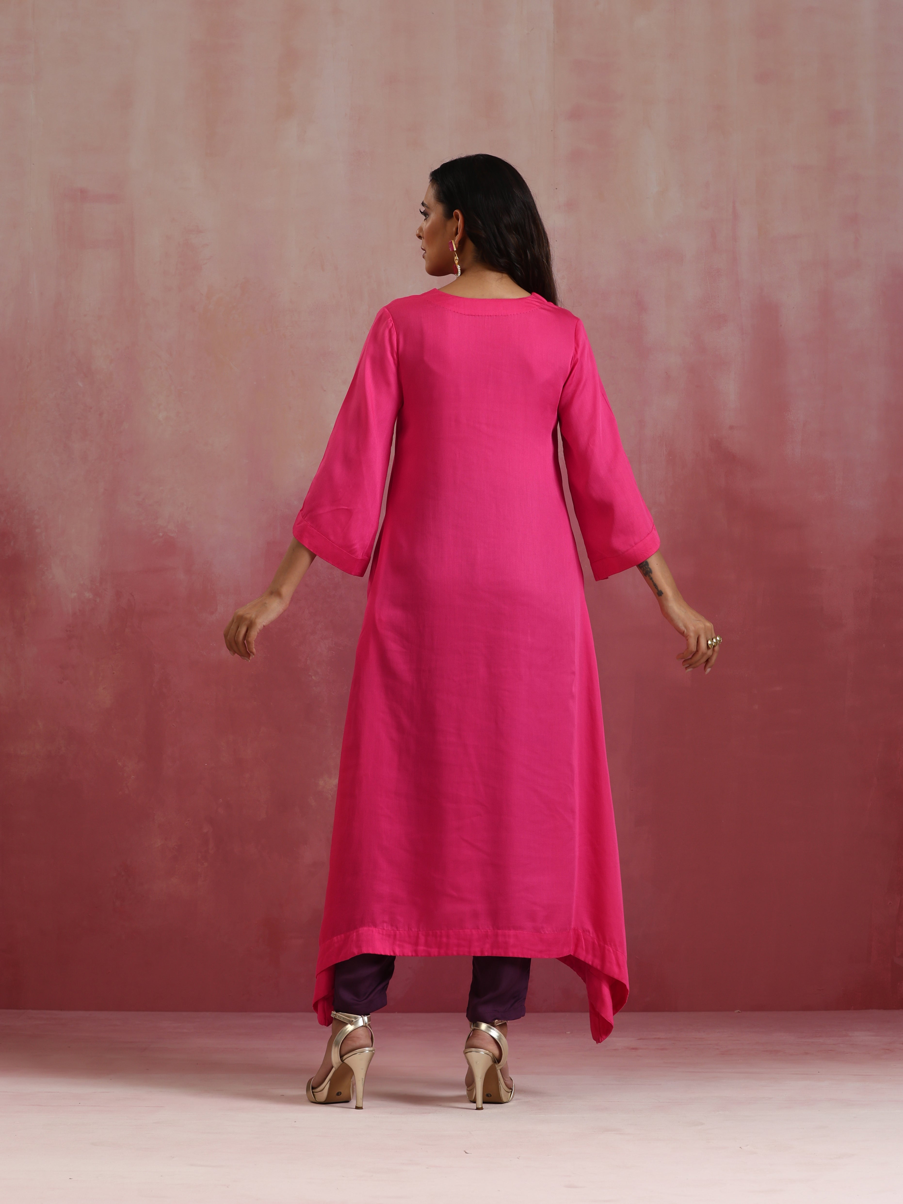 trueBrowns Pink Modal Boxpleat Kurta Set