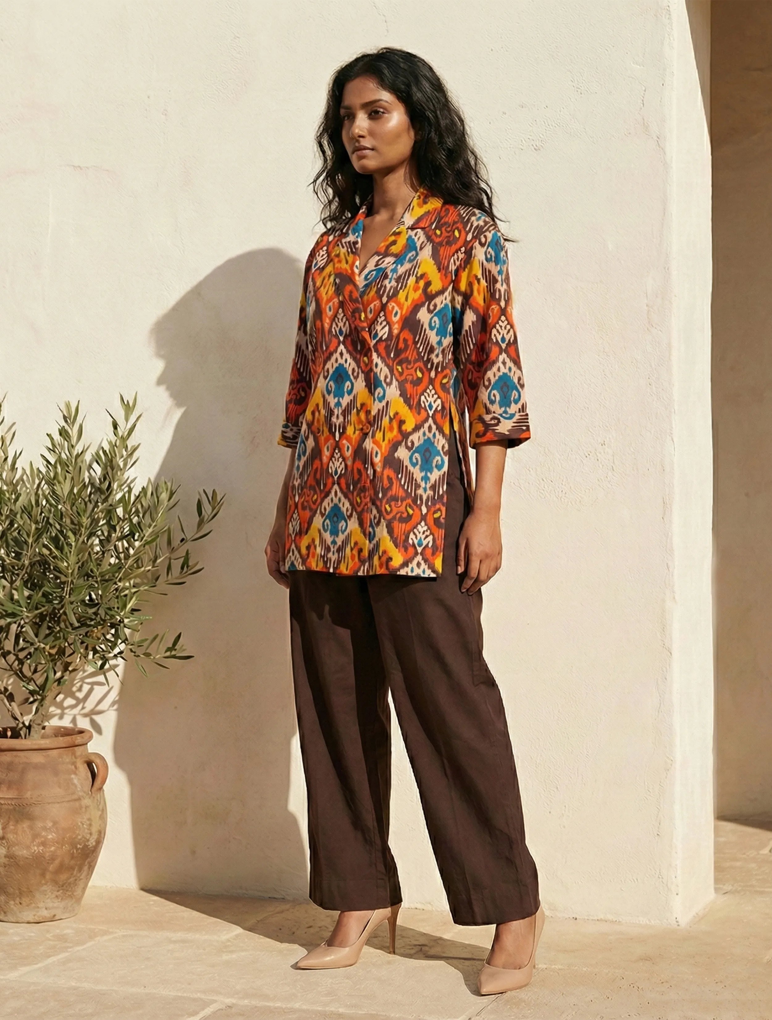 trueBrowns Multicolour Ikat Print Cotton Poplin Blazer Co-Ord Set