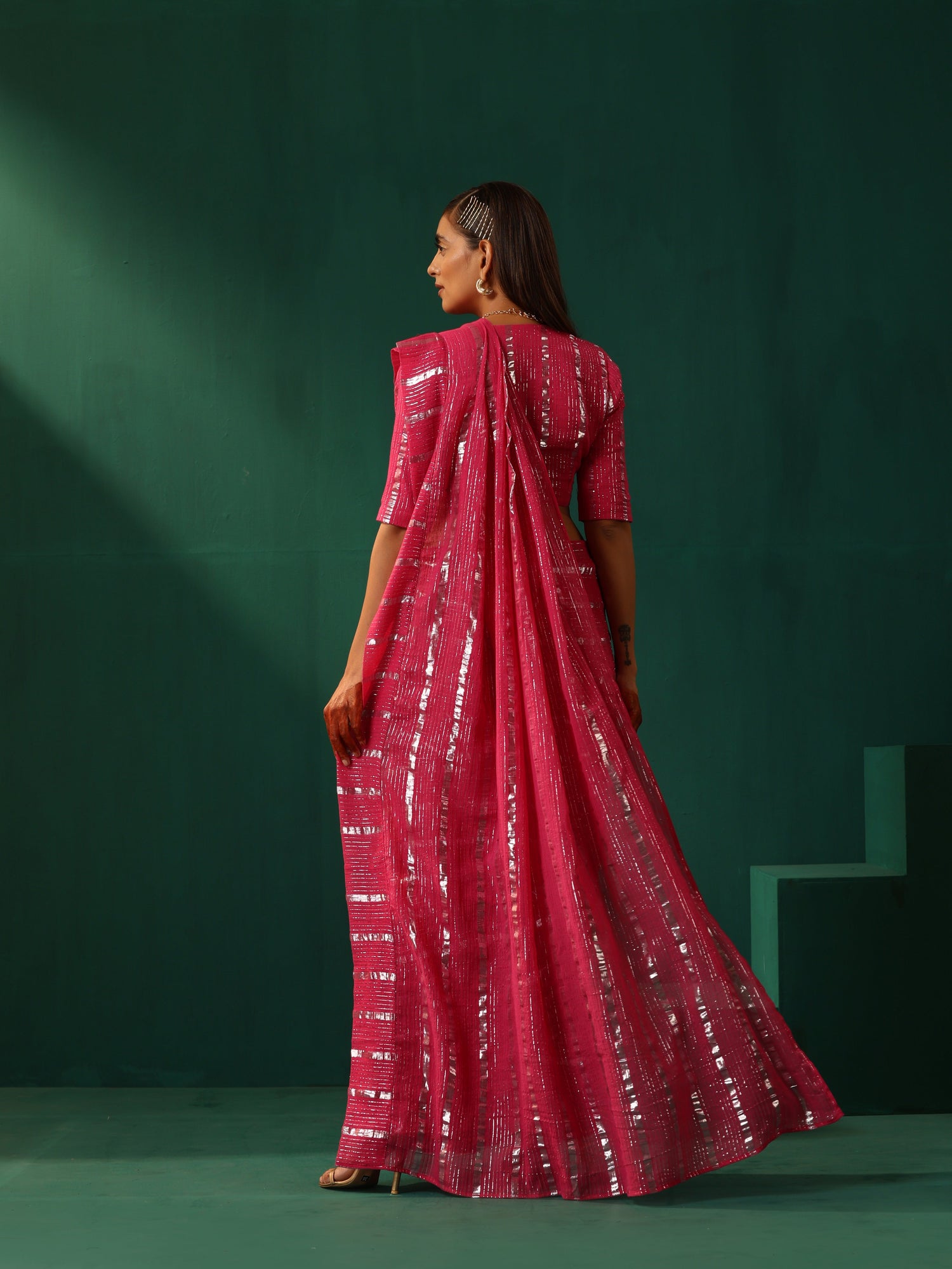 trueBrowns Rani Pink Cotton Silver Striped Ready To Wear Saree