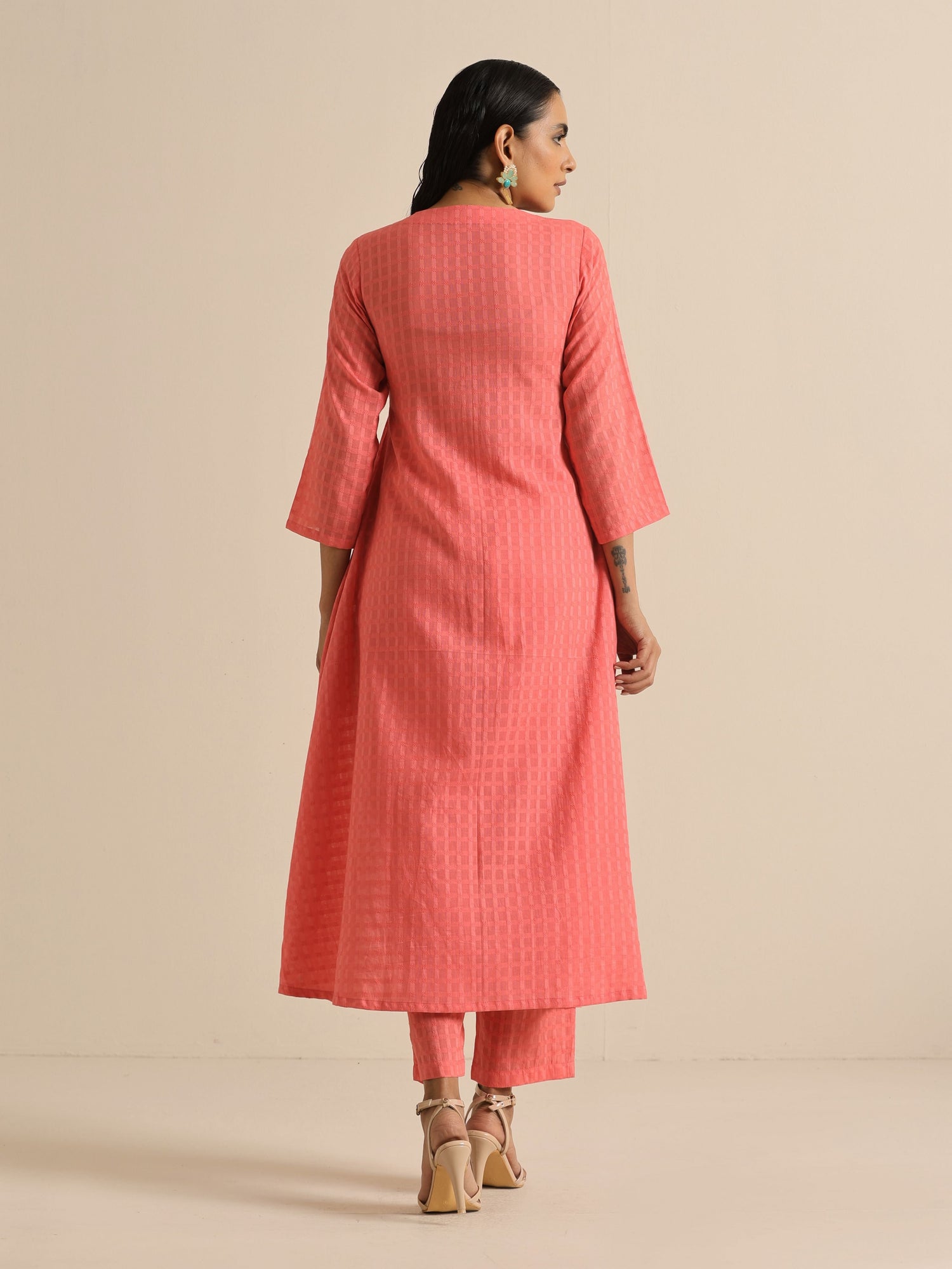 Bright Pink Dobby Angrakha Kurta Pant Set