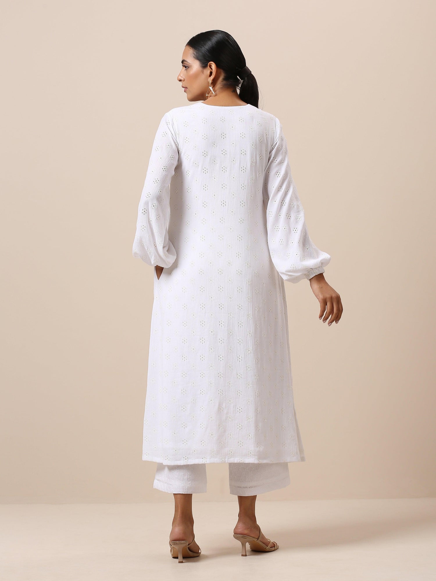 Cotton White Schiffli Weave Kurta Pant Set - trueBrowns