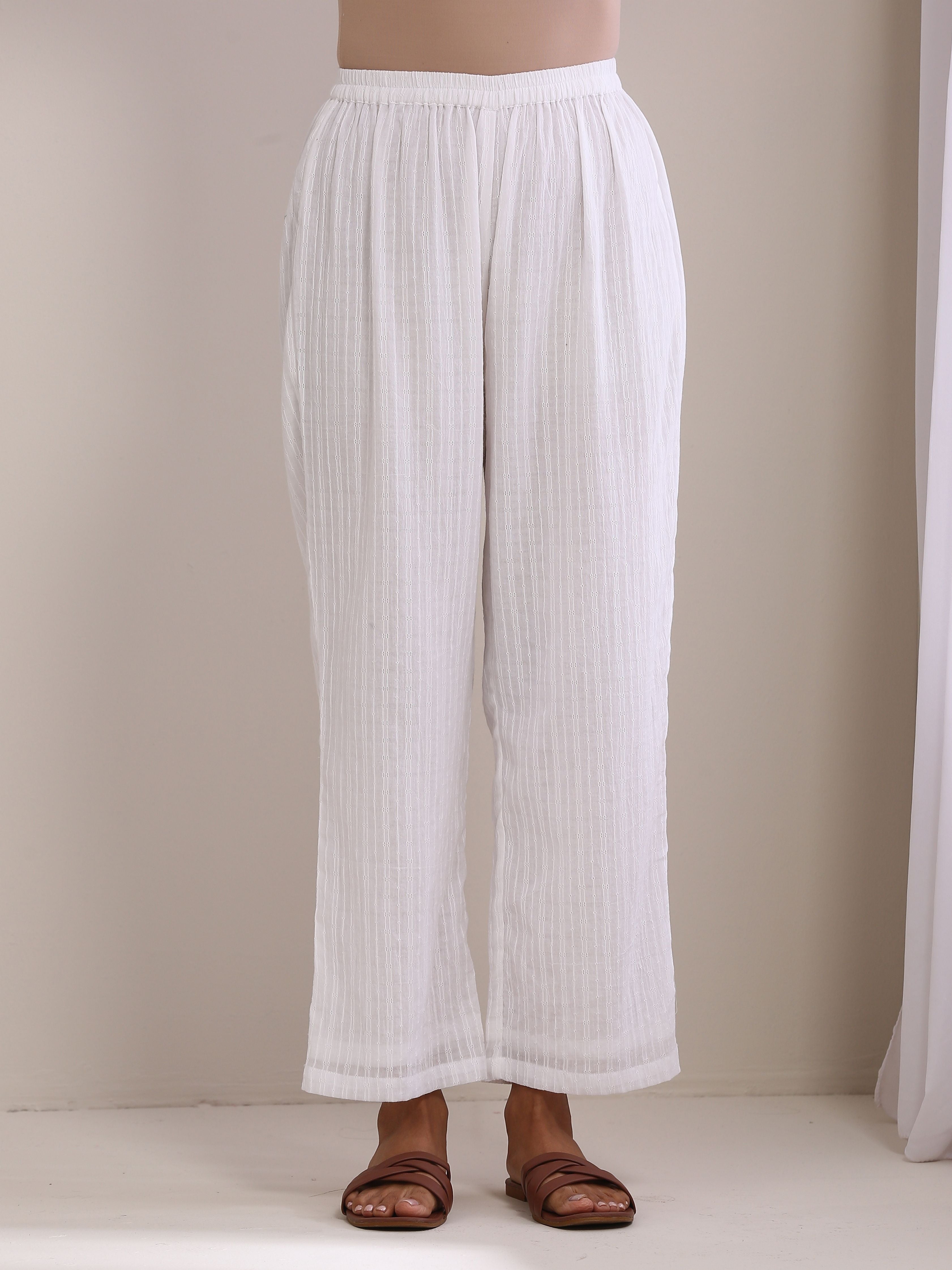 White Dobby Front Pleated Long Kurta Pant Set
