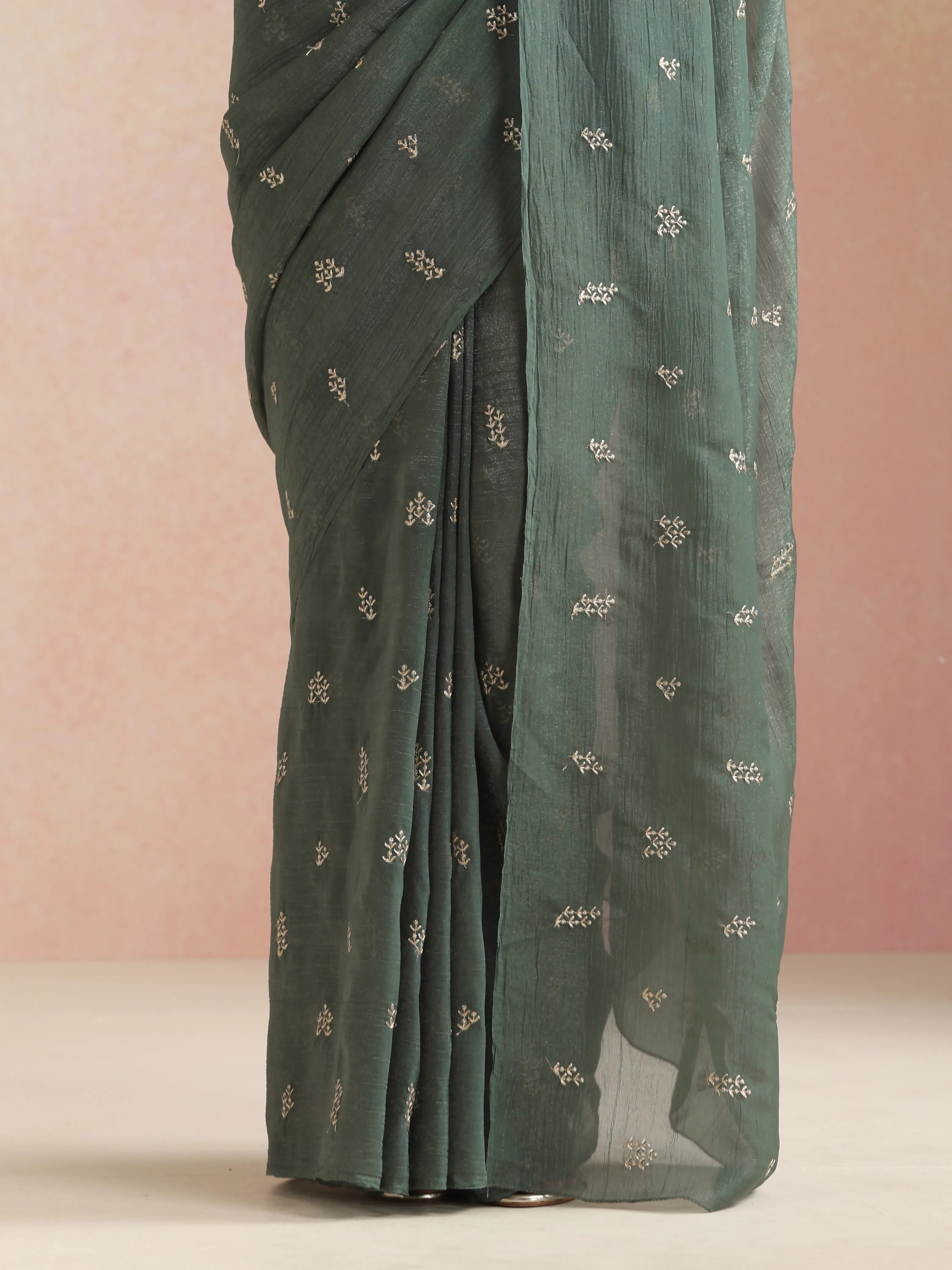 trueBrowns Turq All Over Embroidered Saree With Unstitched Blouse