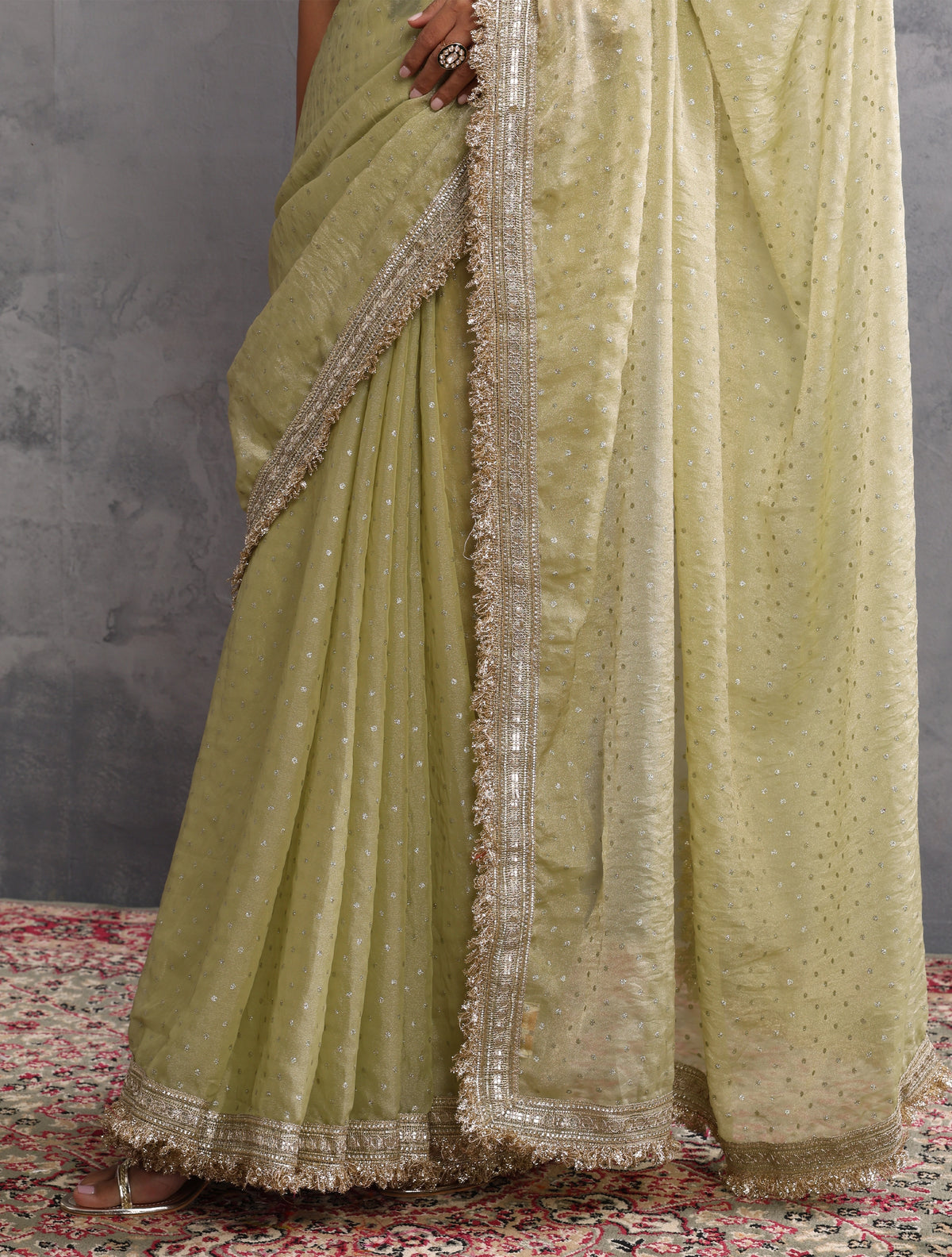 trueBrowns Light Green Tissue Foil Printed Saree With Unstitched Blouse