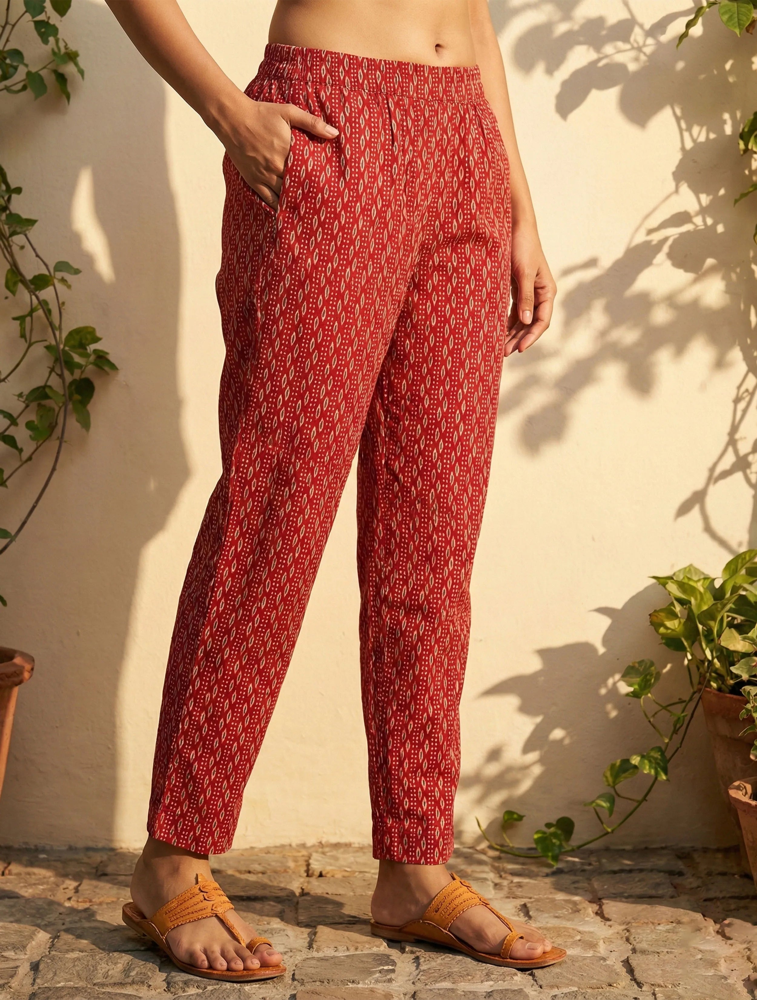 trueBrowns Red Print Embroidered V-Neck Kurta Pant Dupatta Set