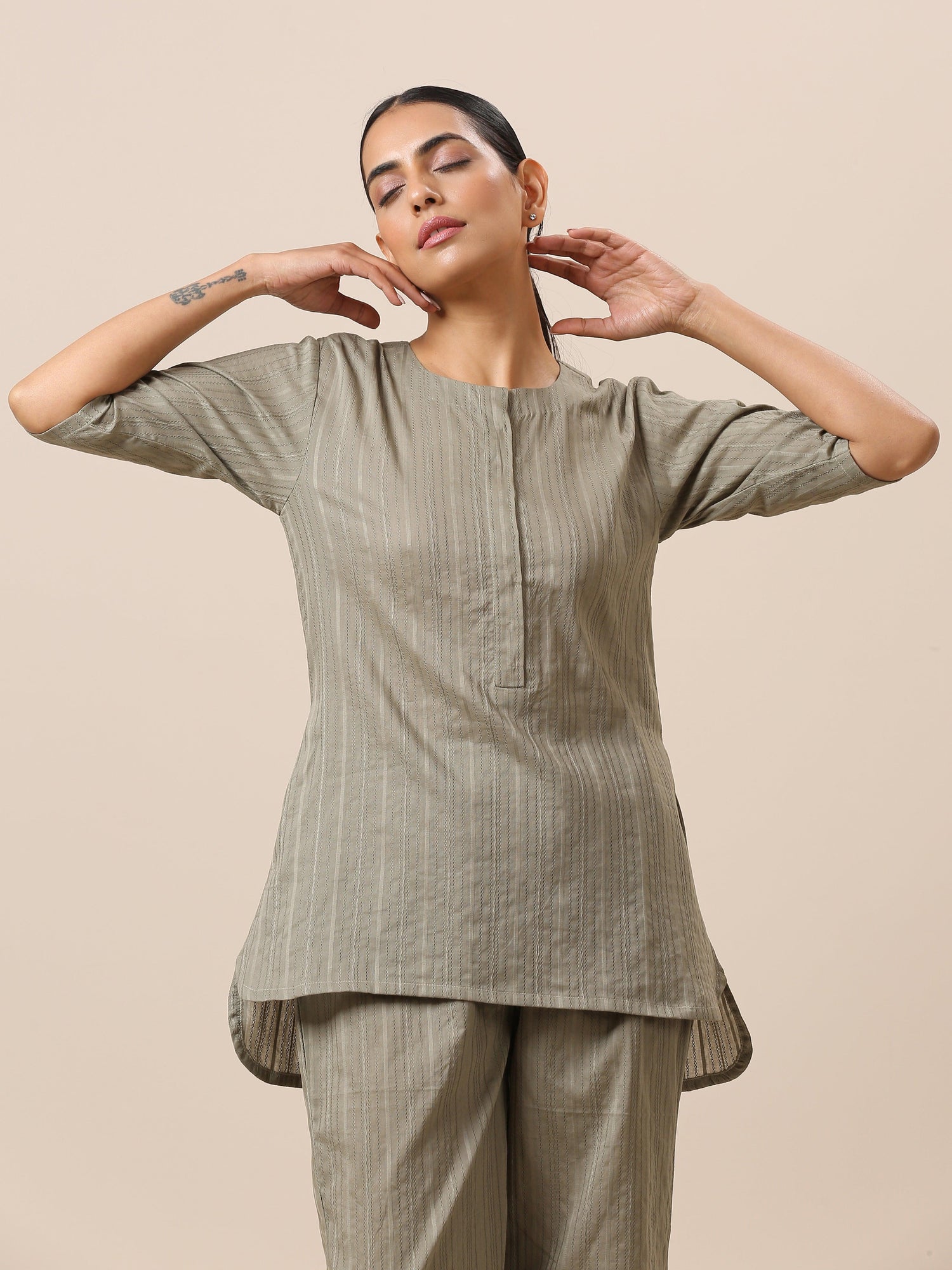 Cotton Olive Green Short Co-Ord Set - trueBrowns