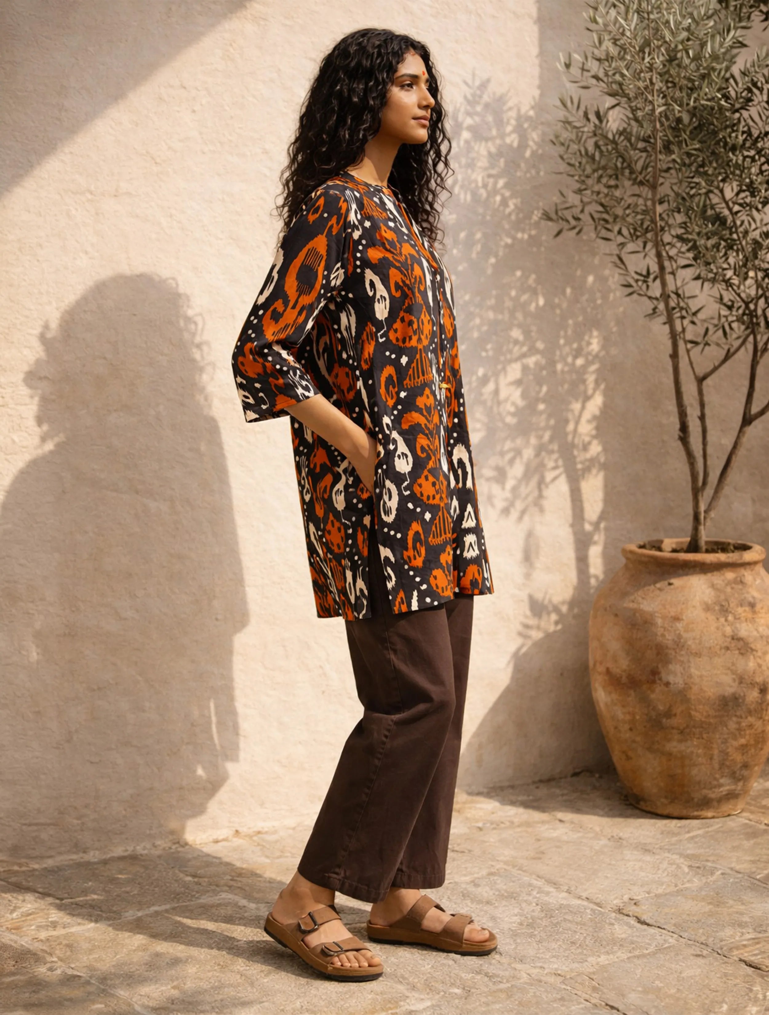trueBrowns Cola Orange Ikat Print Cotton Co-Ord Set