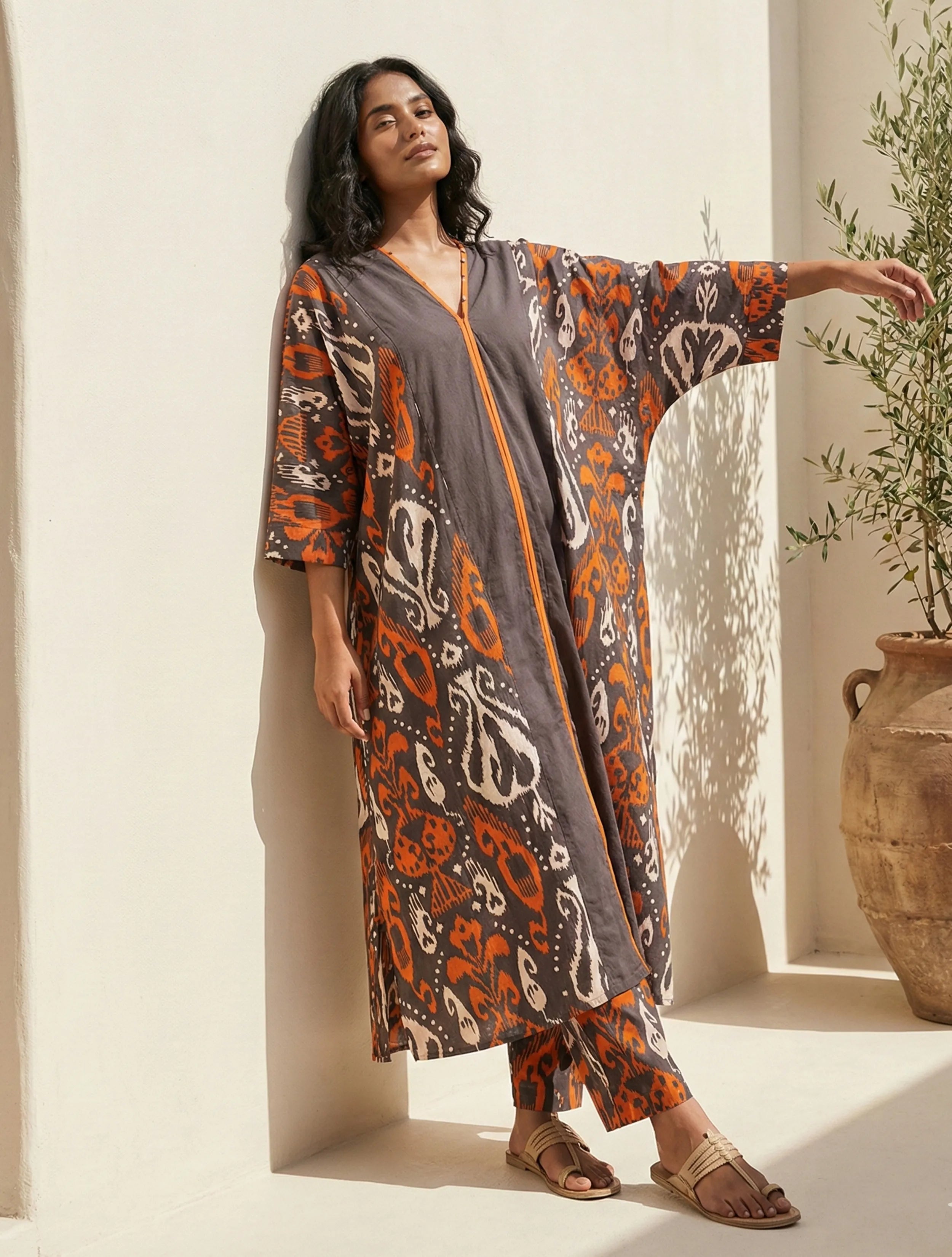 trueBrowns Cola Orange Ikat Print Cotton Kaftan Kurta Set