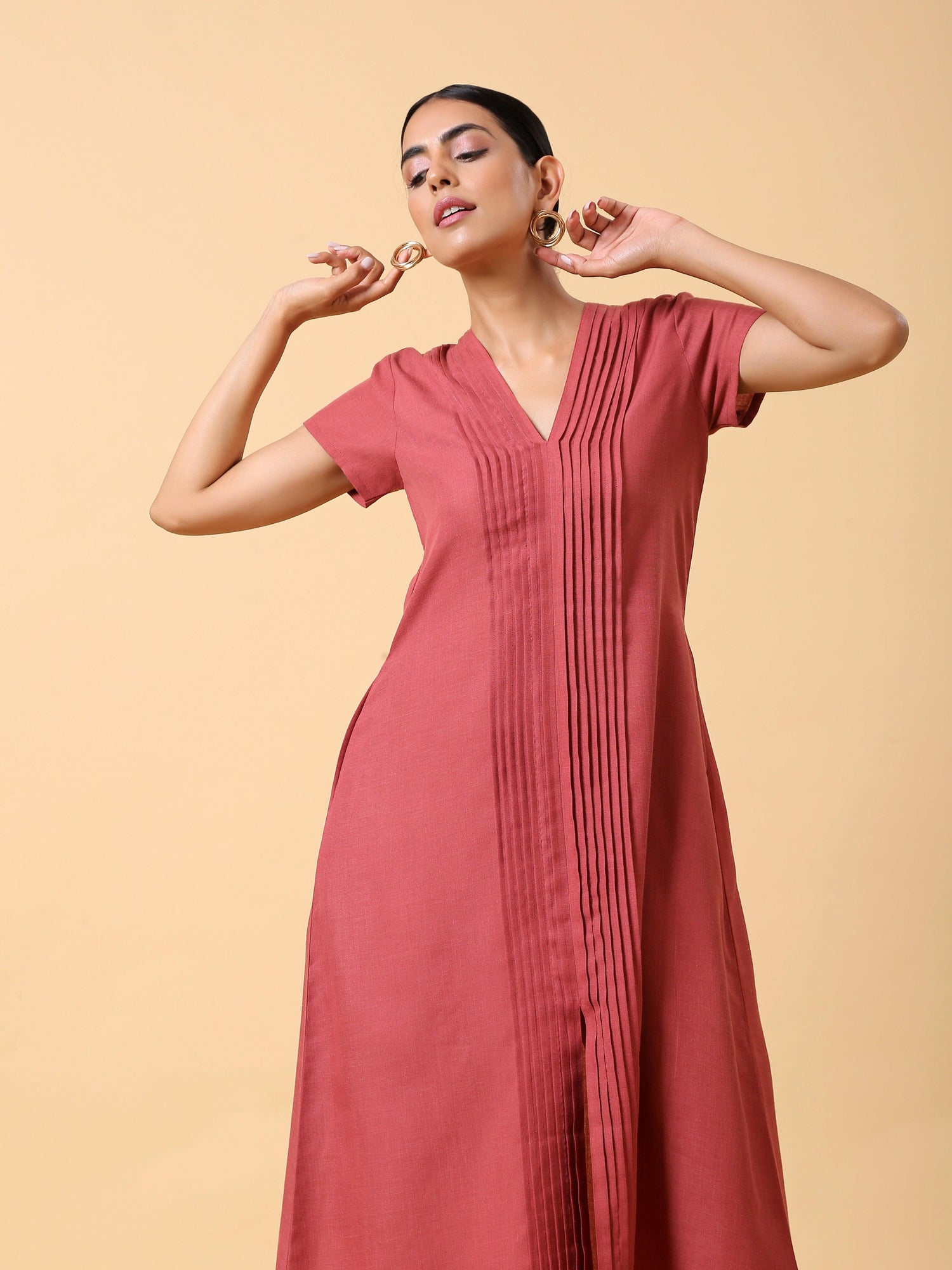 Cotton Linen Rust Red Pleated Dress - trueBrowns