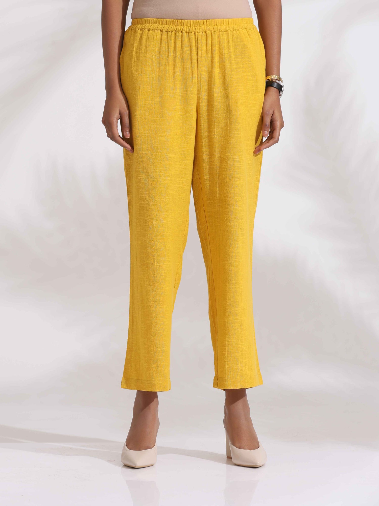 trueBrowns Yellow Cotton Slub Embroidered Straight Kurta Set