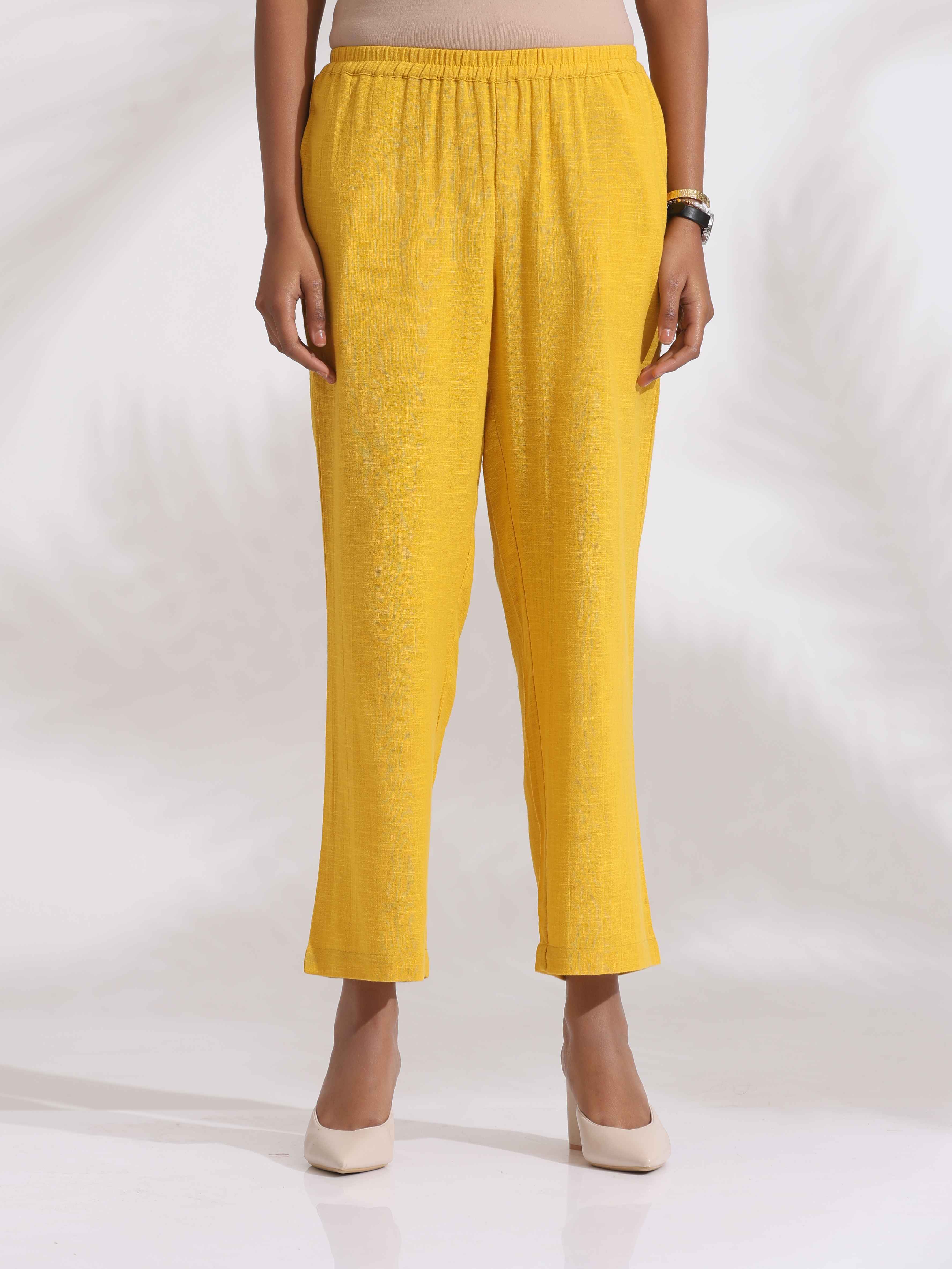 trueBrowns Yellow Cotton Slub Embroidered Straight Kurta Set