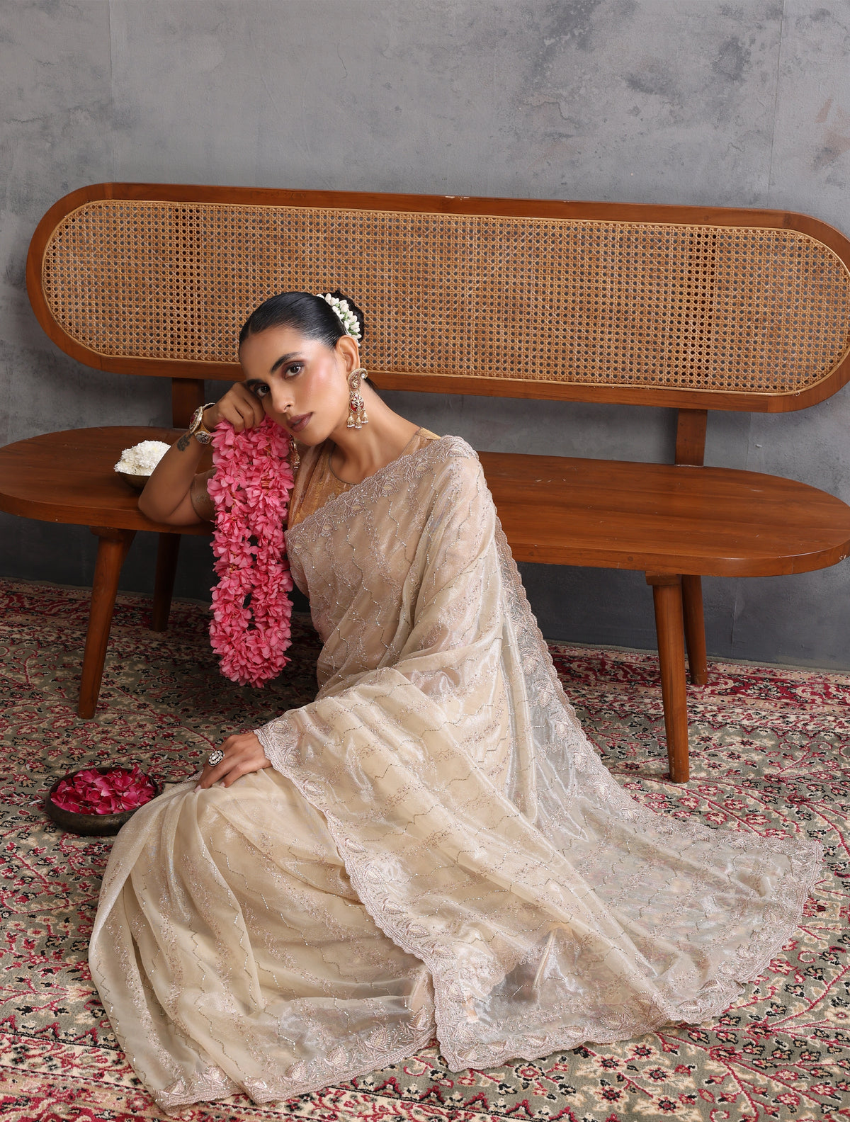 trueBrowns Ivory Gold Sequins Embroidered Net Saree With Unstitched Blouse