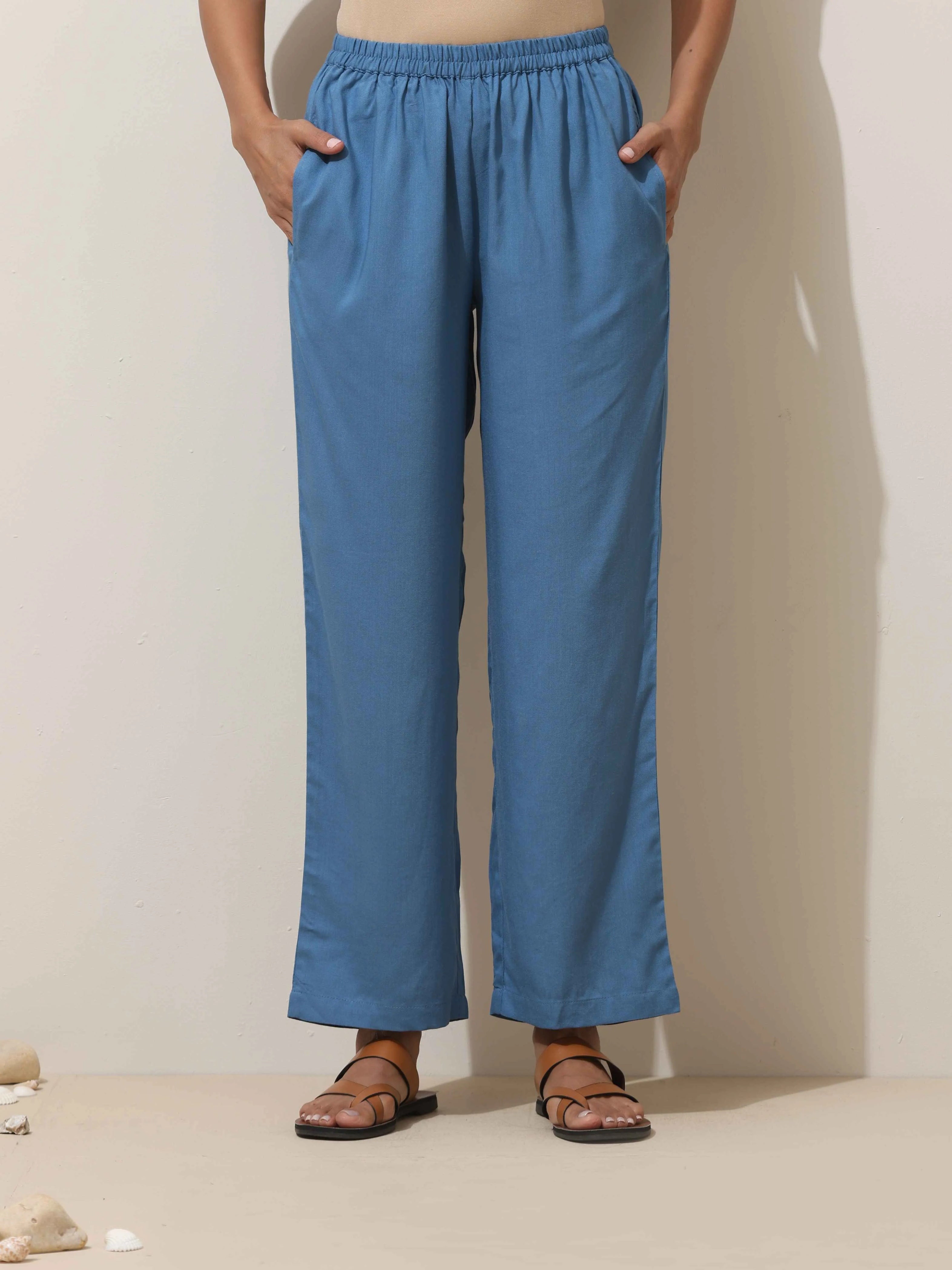 trueBrowns Blue Viscose Solid Co-ord Set