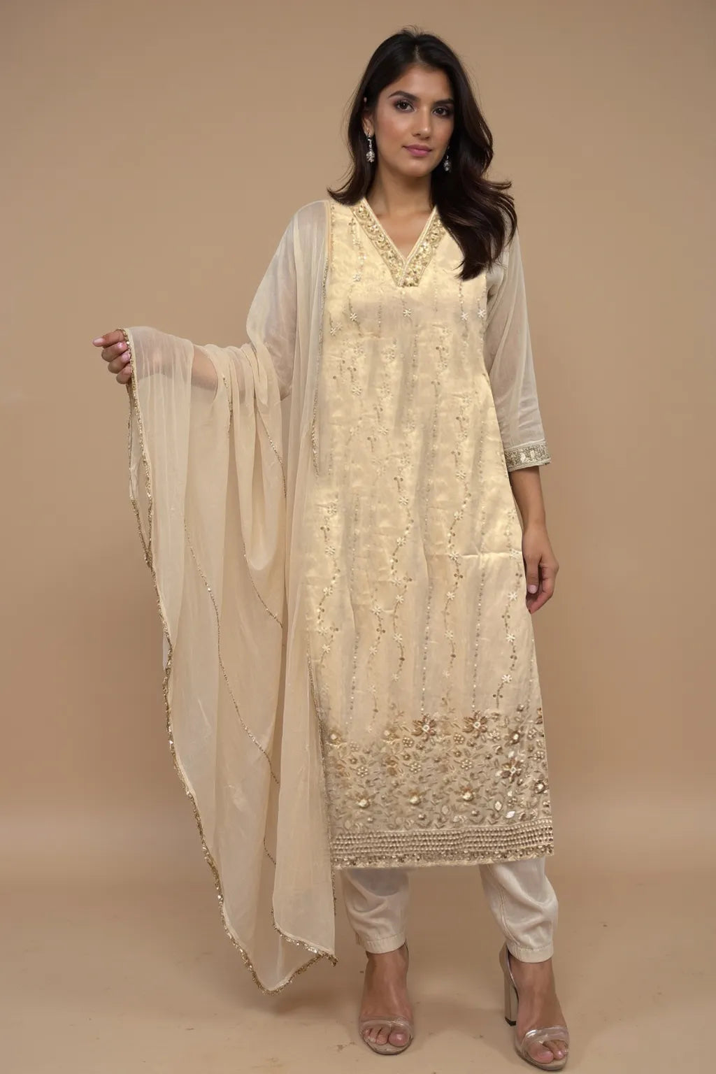 trueBrowns Ivory Zari Embroidered Straight Kurta Pant Dupatta Set