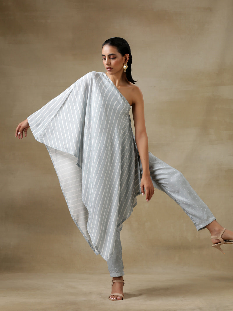Grey Bandhani Printed Silk One-Shoulder Kurta Pant Set