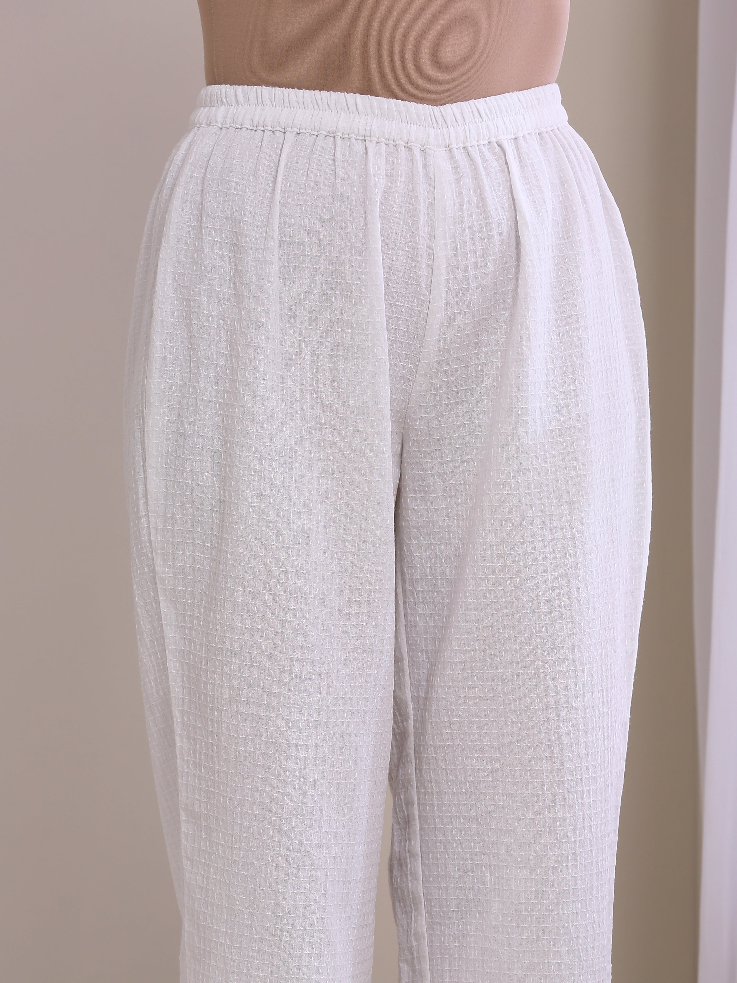 White Dobby Neck Pleat Kurta Pant Set