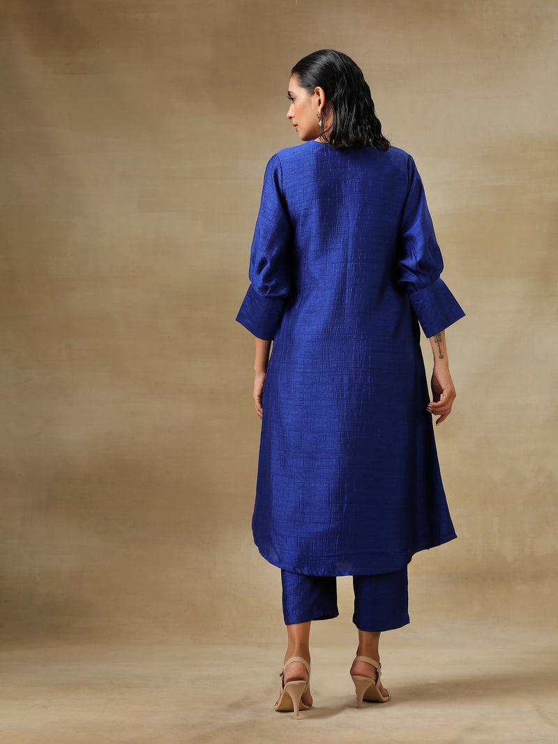 Blue Textured Silk Puff Sleeve Kurta Pant Set | Relove