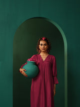 trueBrowns Purple Silk Puff Sleeve Kurta Pant Set
