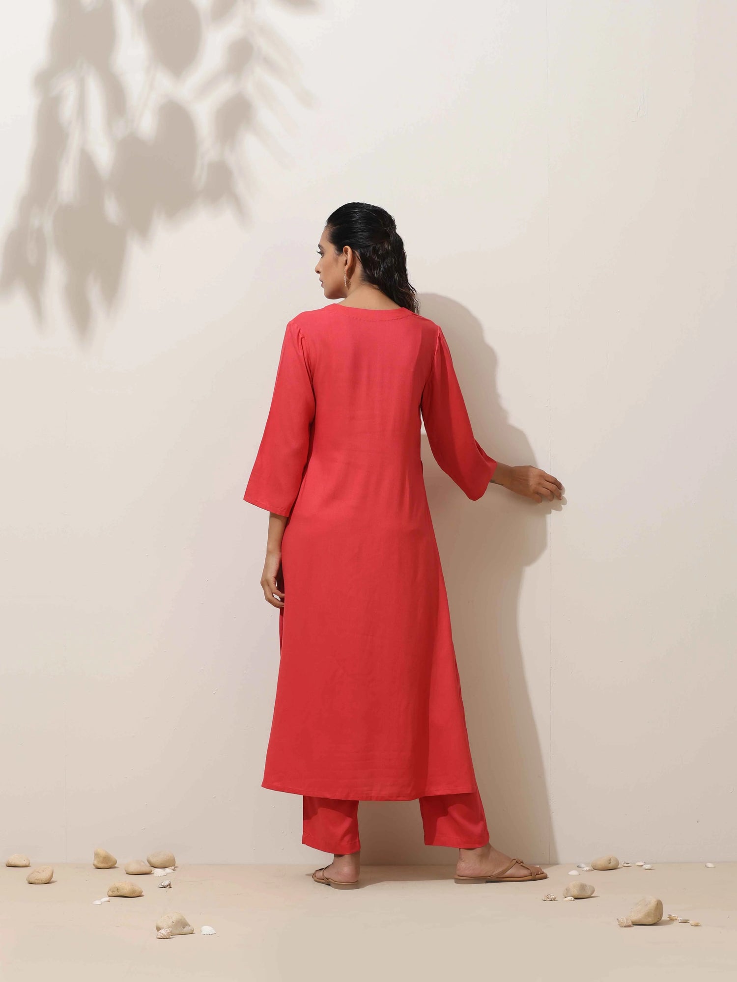 trueBrowns Coral Viscose Solid Kurta Pant Set