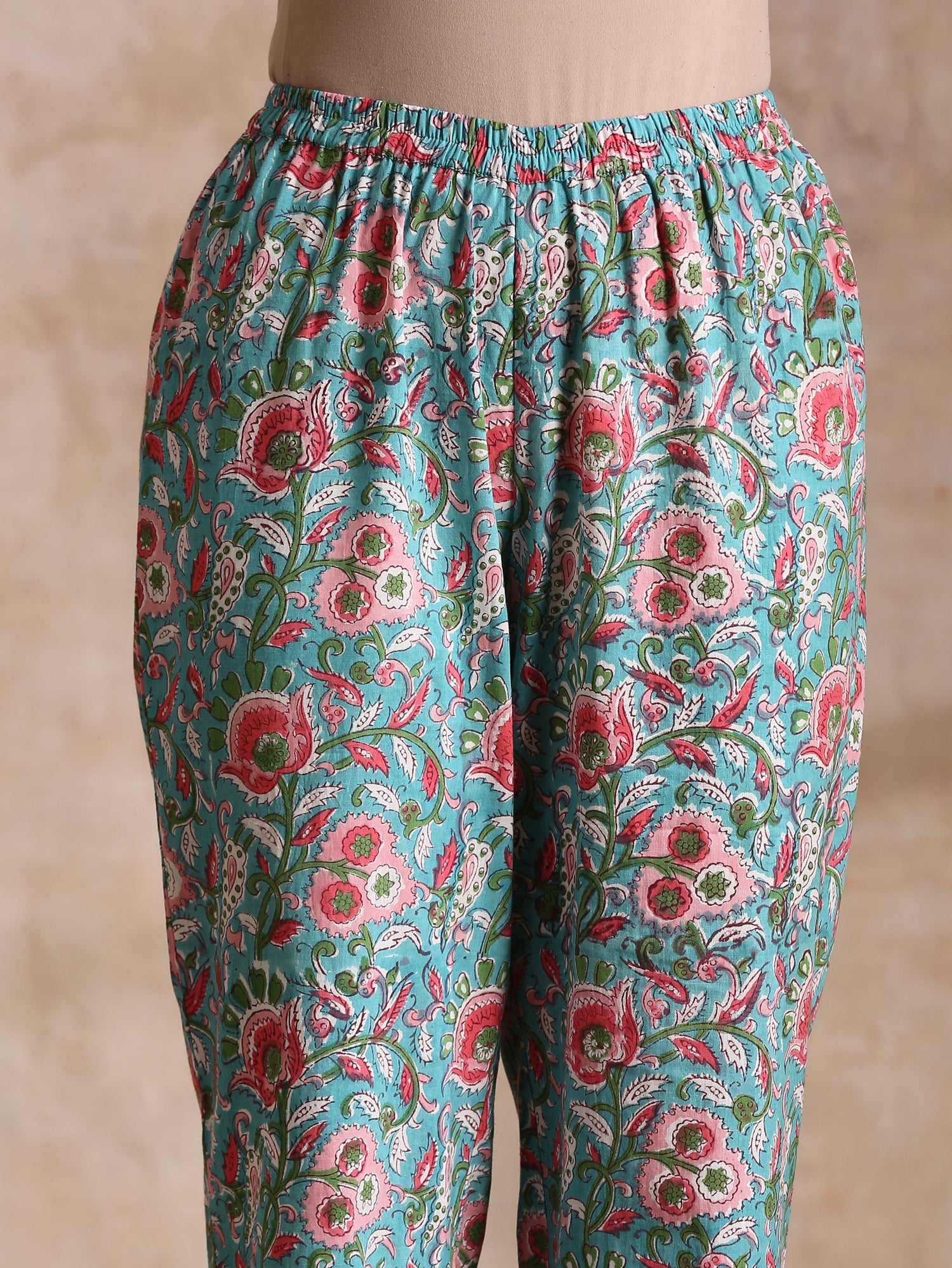Turkish Blue Overall Floral Block Print Cotton Flared Kurta Pant Set