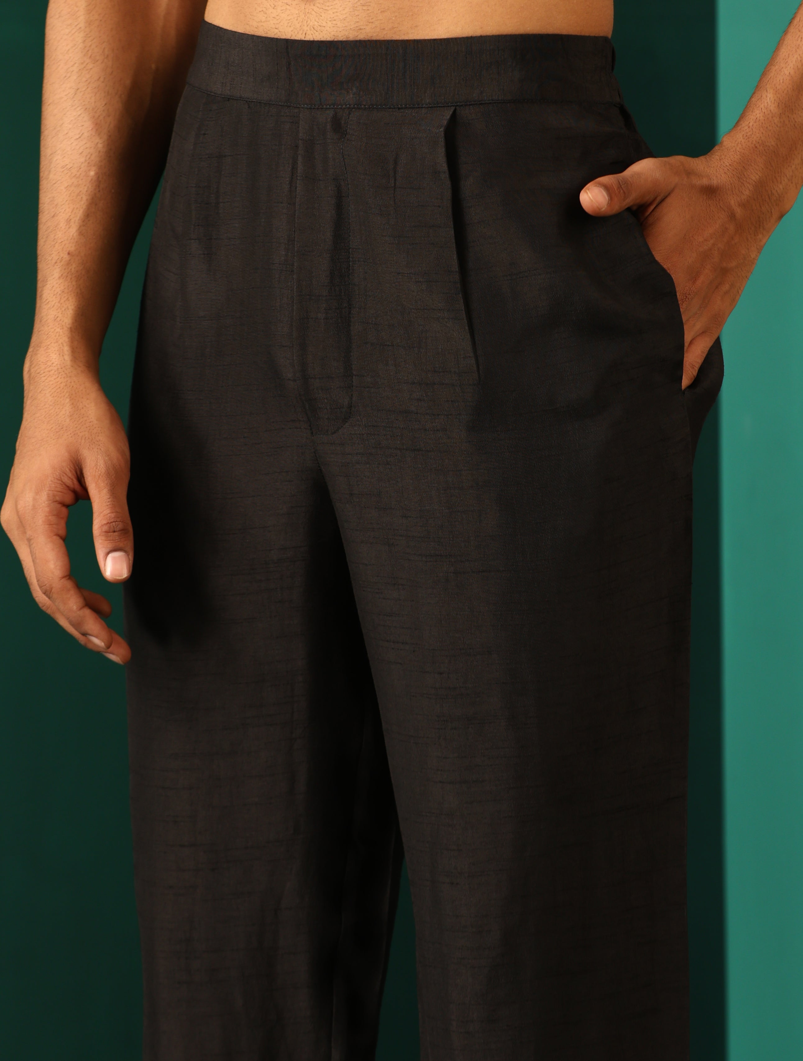 trueBrowns Men Black Silk Co-ord Set Stitch Detail