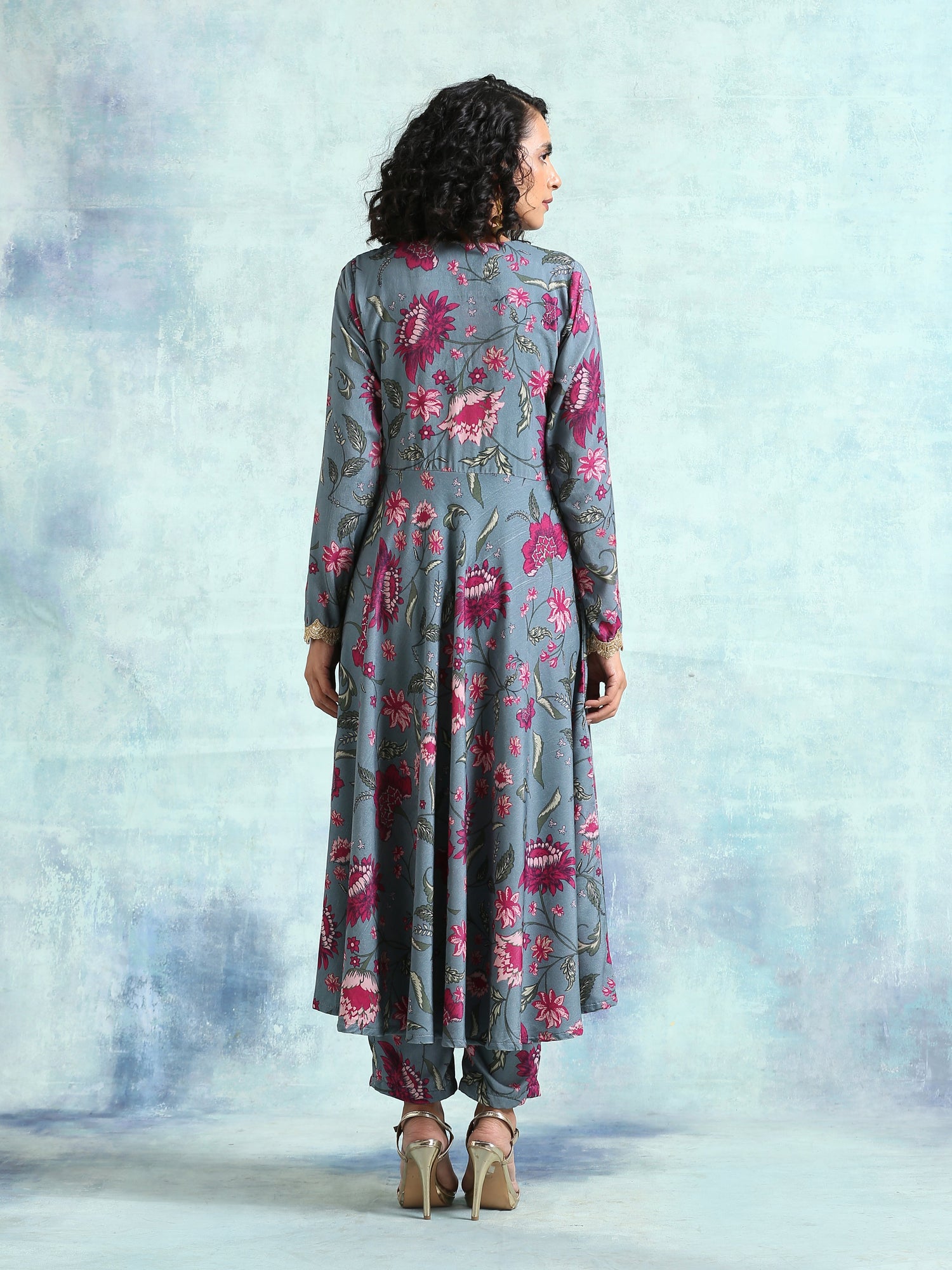 Grey Printed Velvet Anarkali Kurta