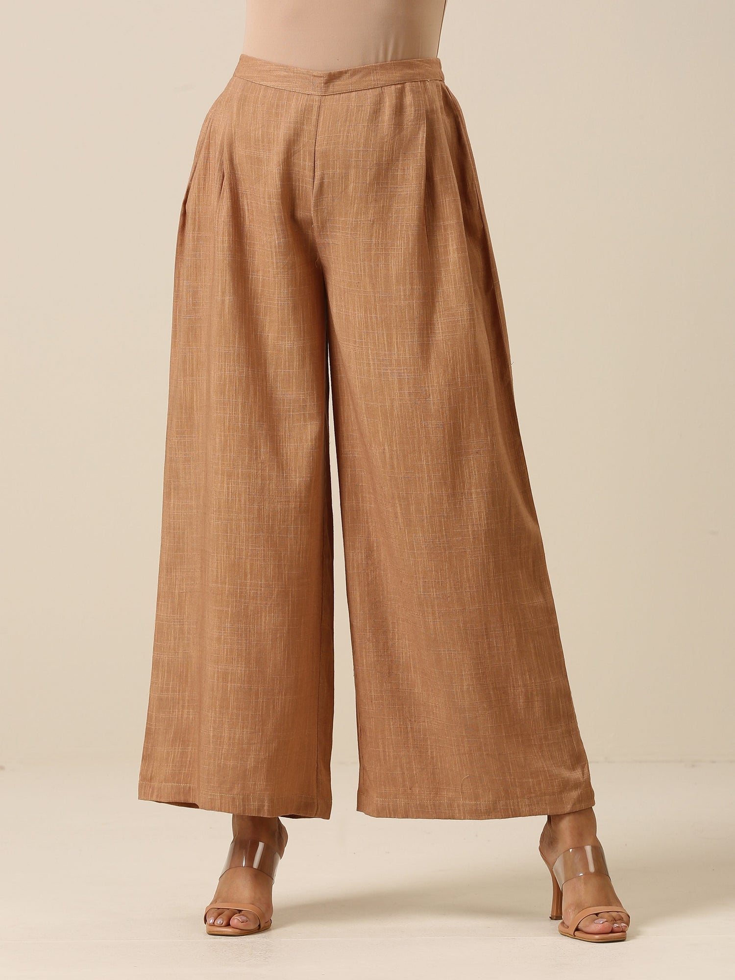 Beige Slub Texture Sleevesless Jacket Pant Set