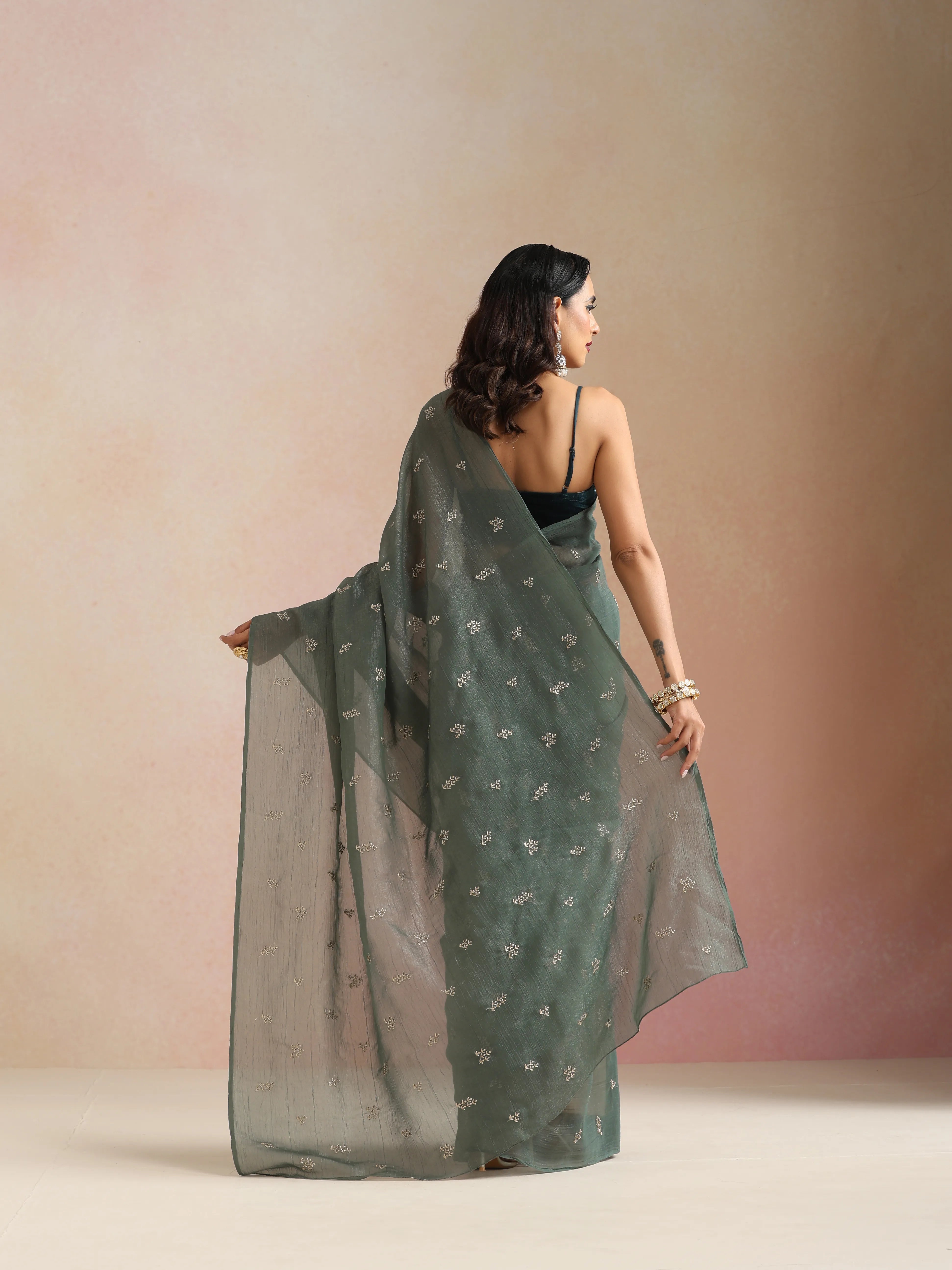 trueBrowns Turq All Over Embroidered Saree With Unstitched Blouse