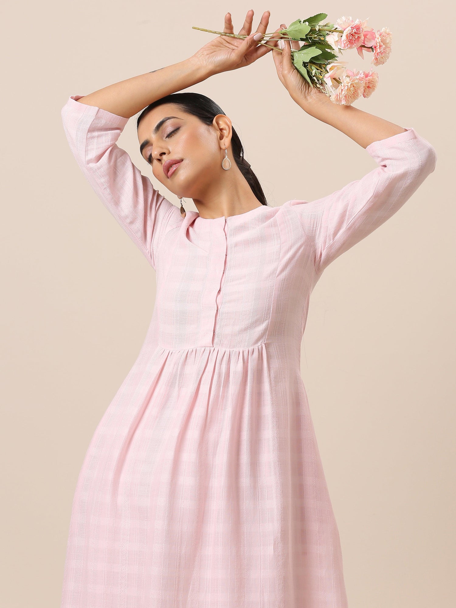 Cotton Rose Pink Flared Kurta Pant Set - trueBrowns