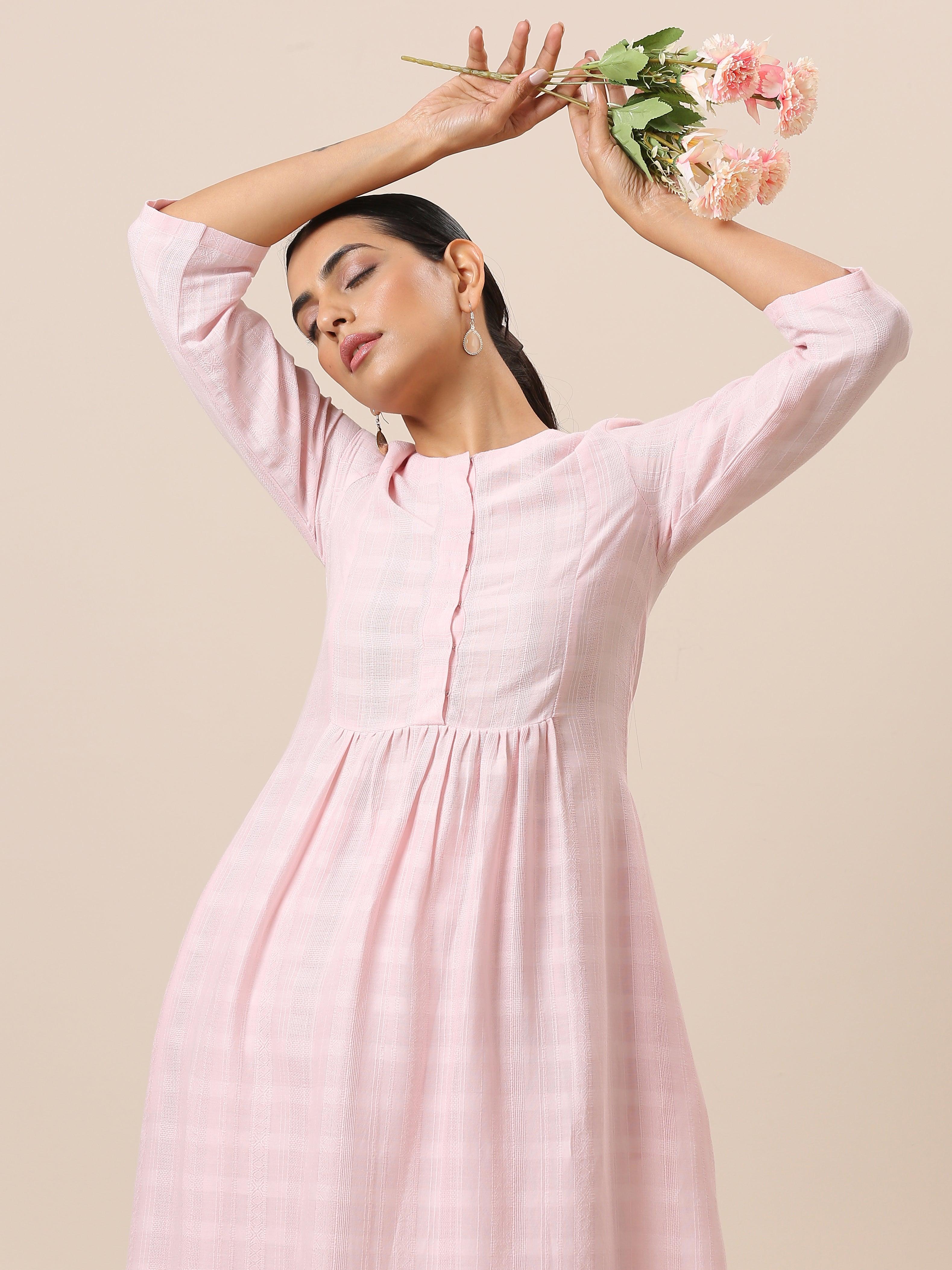 Cotton Rose Pink Flared Kurta Pant Set - trueBrowns