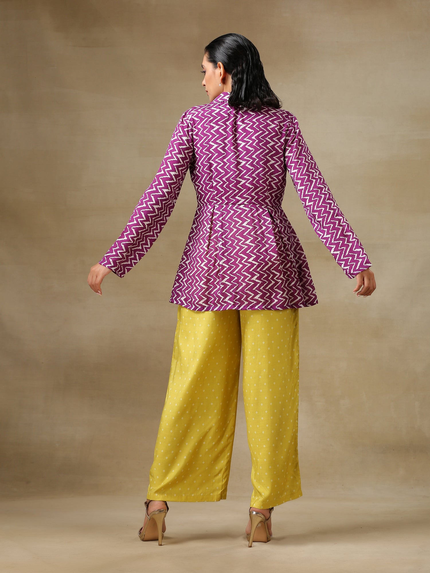 Lime Green Bandhani Printed Silk Top Pant with Purple Printed Jacket Set