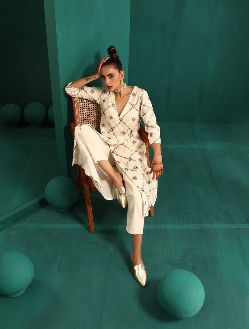 trueBrowns Ivory Embroidered Angrakha Kurta Pant Set